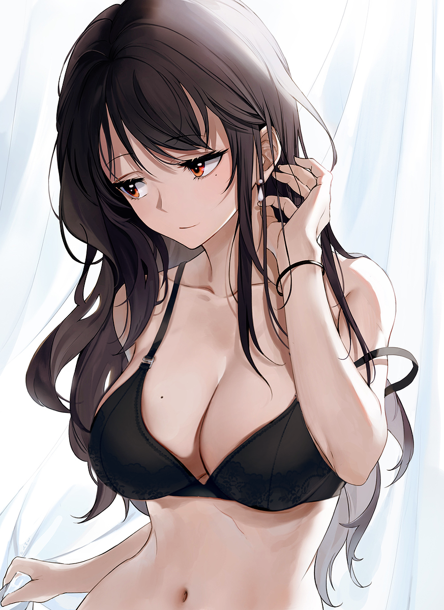 arms, belly, belly button, big breasts, black bra, black hair, bra, breasts, cleavage, ear, earring, edit, eyebrows, eyebrows visible through hair, eyes, female, final fantasy, final fantasy vii, hands, lingerie, long hair, mole on breast, orange eyes, tagme, tifa lockhart