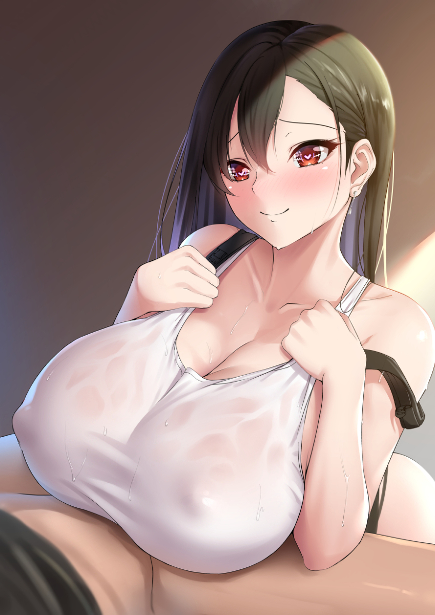 1boy 1girls big_breasts breasts cleavage dearonnus earring earrings female final_fantasy final_fantasy_vii heart-shaped_pupils large_breasts laying_on_bed outercourse paizuri see-through simple_background smile smiling sweat tifa_lockhart