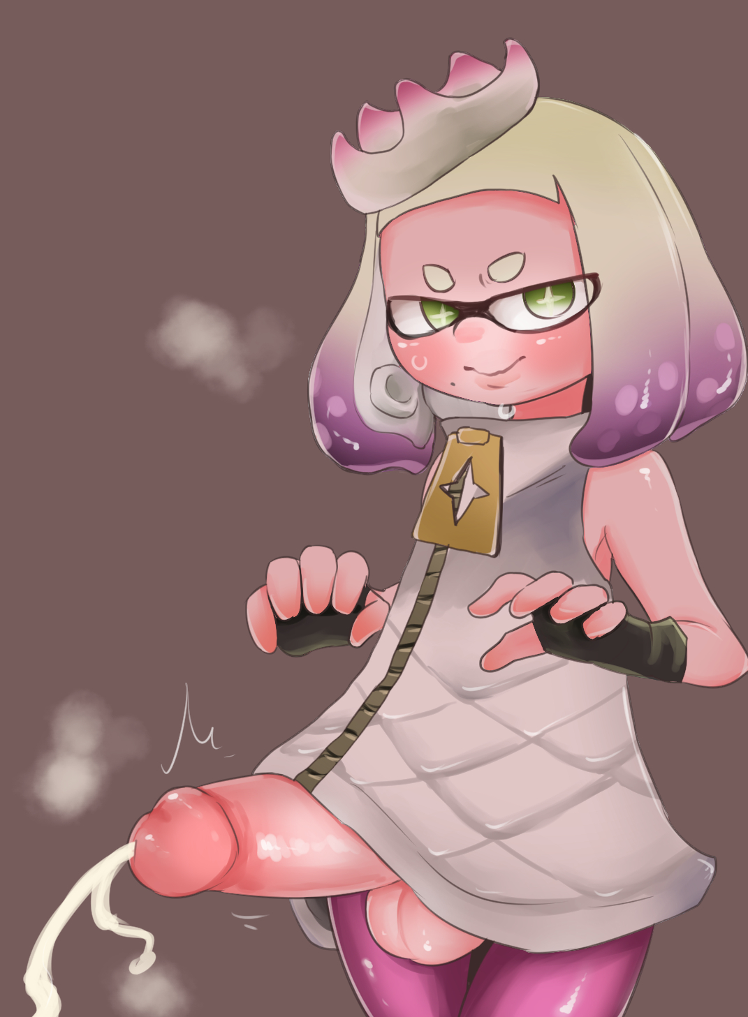 1futa, balls, big balls, big penis, blush, cum, cum string, cumshot, dickgirl, ejaculation, eye contact, full-package futa, futa only, futanari, gloves, green eyes, hands-free, handsfree ejaculation, huge cock, inkling, intersex, large penis, leggings, long penis, looking at viewer, nintendo, pale skin, pale-skinned futa, pearl (splatoon), penis, shiny clothes, short hair, small but hung, solo, solo futa, splatoon, splatoon 2, sweat, tentacle hair, tight pants, unusual anatomy, unusual eyes, unusual pupils, veiny penis, zkky