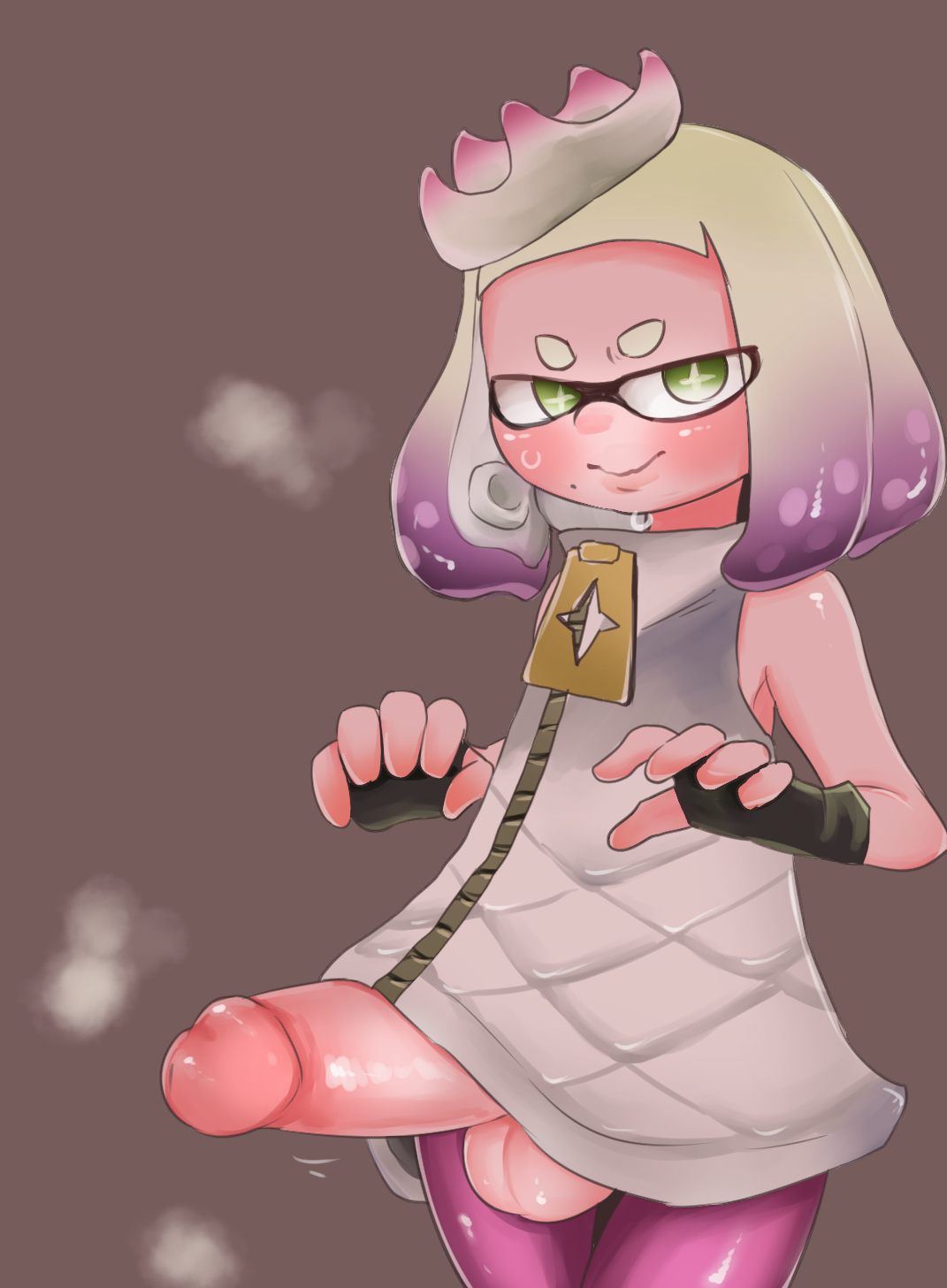 1futa, balls, big balls, big penis, blush, crown, dickgirl, eye contact, full-package futa, futa only, futanari, gloves, green eyes, huge cock, inkling, intersex, large penis, leggings, long penis, looking at viewer, nintendo, pale skin, pale-skinned futa, pearl (splatoon), penis, penis under clothes, penis under dress, pink penis, presenting penis, pseudo hair, shiny clothes, short hair, small but hung, solo, solo futa, splatoon, splatoon 2, sweat, tentacle hair, tight pants, unusual anatomy, unusual eyes, unusual pupils, veiny penis, zkky