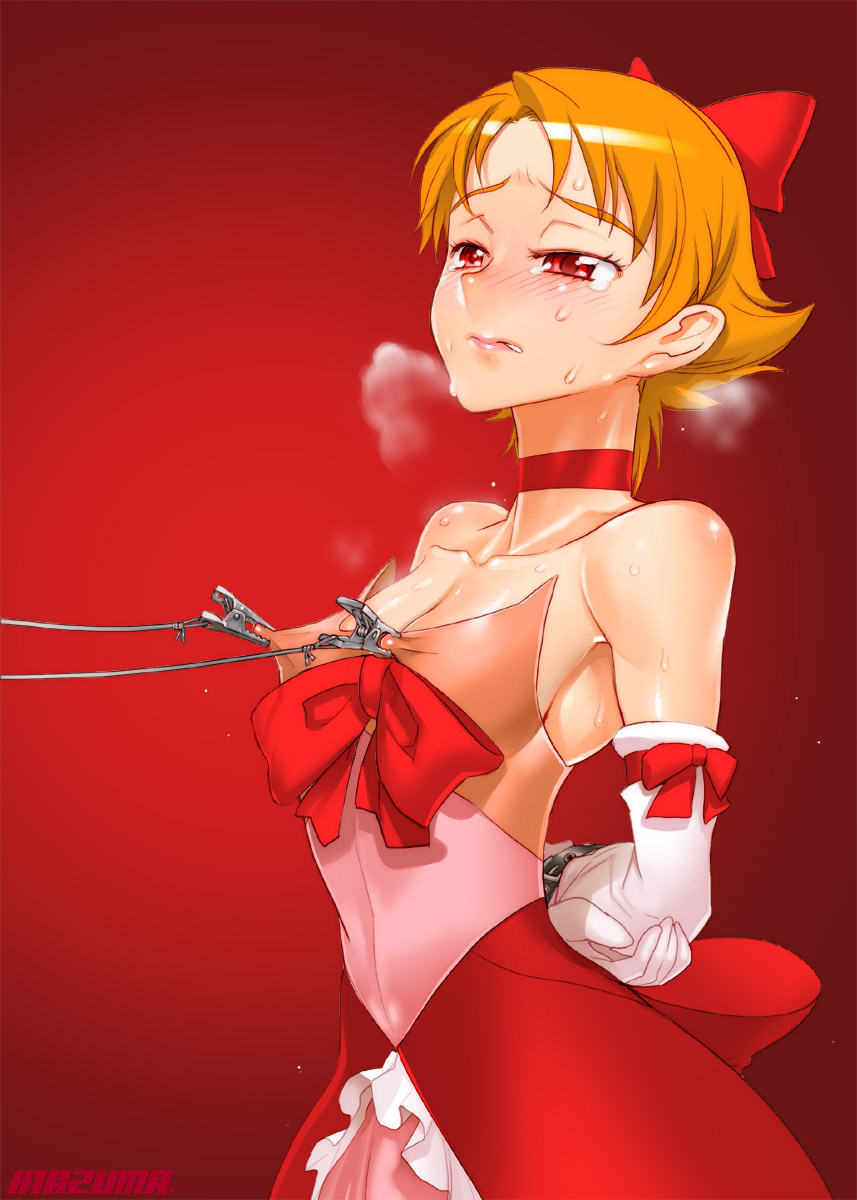 bondage bow brown_hair choker clothing collar elbow_gloves erect_nipples erect_nipples_under_clothes gloves highres natsuki_rin nipple_clamps nipple_pull nipples precure pretty_cure red_eyes ribbon ribbons satou_shouji short_hair slave small_breasts sweat tied_up