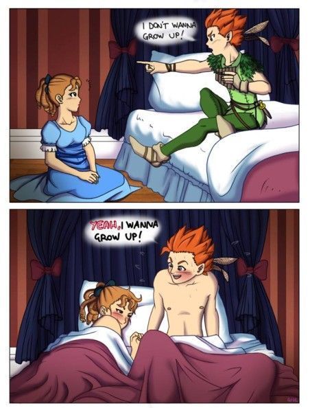 after_sex bed blush bow clothing comic dress female male peter_pan peter_pan_(character) red_hair straight wendy_darling