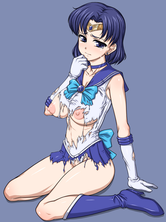 ami_mizuno bishoujo_senshi_sailor_moon blue_eyes blue_hair blush boots breasts crown earrings female female_only gloves hat human jewelry large_breasts magical_girl masa_yuki nipples puffy_nipples sailor_mercury school_uniform serafuku short_hair sitting solo tears torn_clothes uncensored