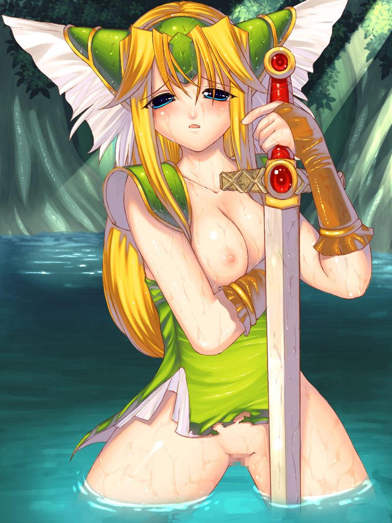 blue_eyes blush breasts censored female female_only fingerless_gloves gloves head_wings headwings helmet human long_hair nature no_panties riesz seiken_densetsu seiken_densetsu_3 solo sword torn_clothes very_long_hair water weapon wet winged_helmet