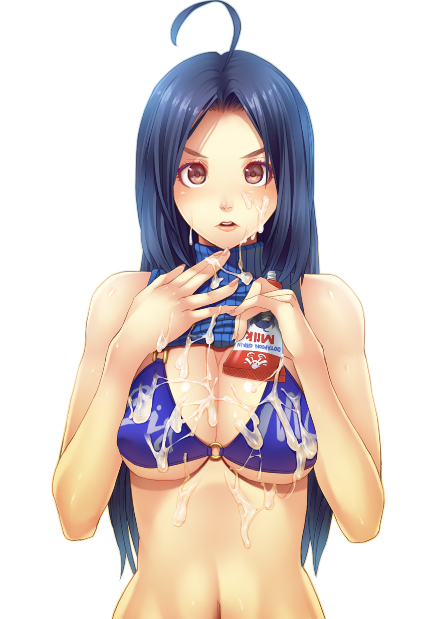 bikini bikini_top blue_hair blush breasts brown_eyes bust cleavage cum cum_on_body cum_on_breasts cum_on_upper_body face facial goe hands highres idolmaster lips long_hair looking_at_viewer milk miura_azusa navel sexually_suggestive shirt_lift swimsuit underboob