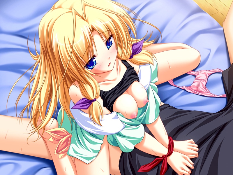 bed blonde_hair blue_eyes blush bondage bound bound_wrists bra bra_lift breast_squeeze breasts cowgirl_position game_cg inakoi kamishiro_mutsuki lingerie long_hair nipples off_shoulder open_clothes open_shirt panties pink_panties sex shirt shirt_lift straddle sweat tenmaso underwear wet_panties