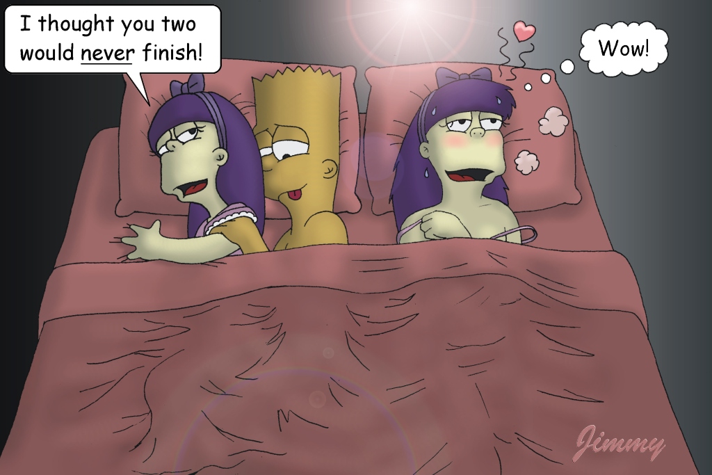 bart_simpson blanket bow clothed_female_nude_male clothed_sex clothing female female_orgasm human indoors jimmy male multiple_females nude_male sex sherri_mackleberry straight terri_mackleberry the_simpsons threesome twins