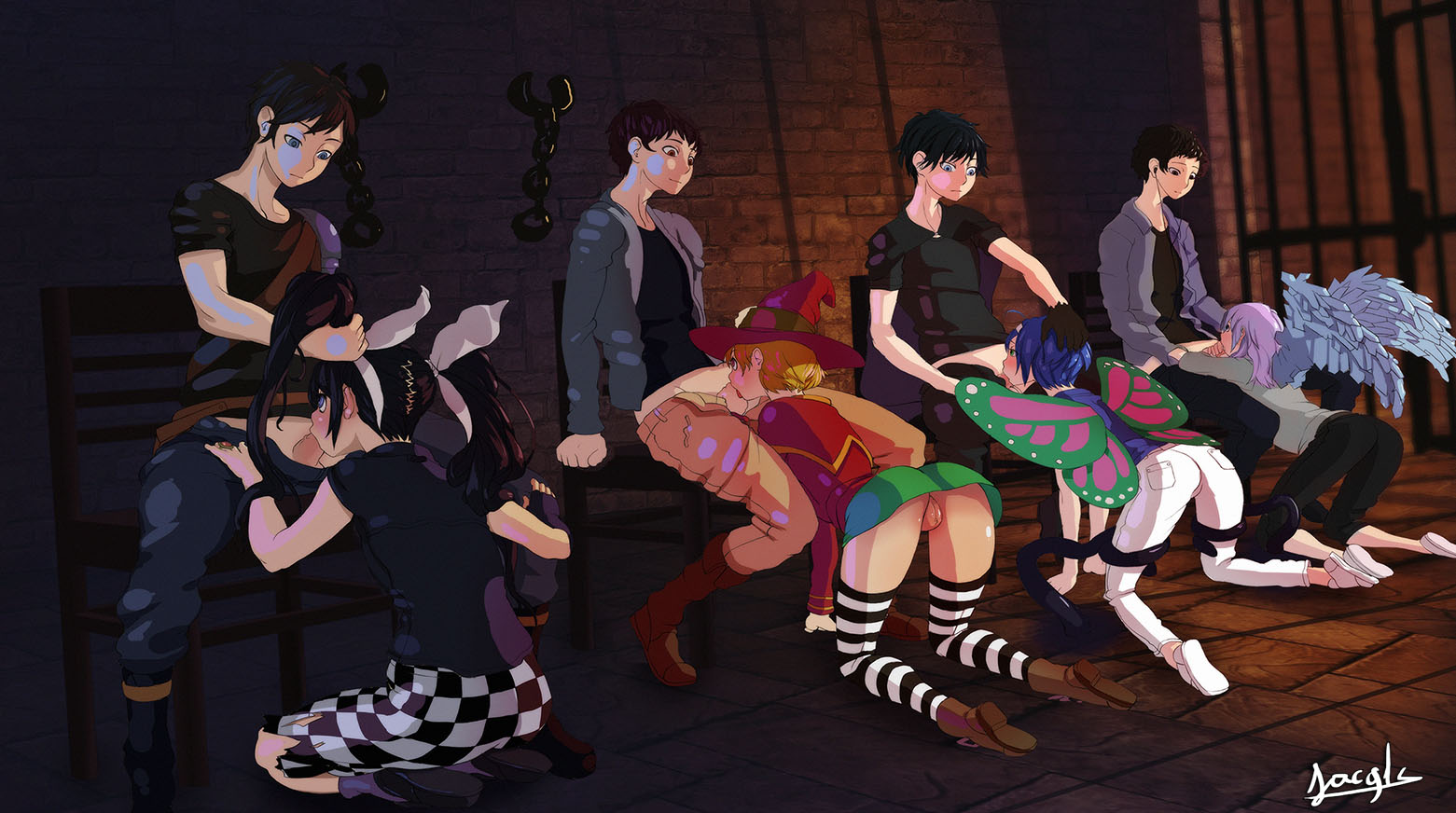 4boys, 4girls, ass, black hair, blonde hair, blue hair, butterfly wings, fellatio, female, fumetsunotora, group sex, hair, hair grab, hat, head hold, irrumatio, jacqli, jacqli (jacqliart), kneeling, lineup, long hair, male, no panties, oral, penis, purple hair, pussy, shoes, short hair, skirt, striped, striped legwear, thighhighs, tied hair, twintails, wings, witch hat