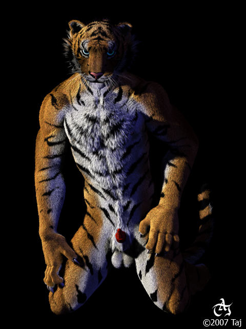 1boy 3d anthro balls barbs claws feline fur furry male male_only nude penis solo taj tiger