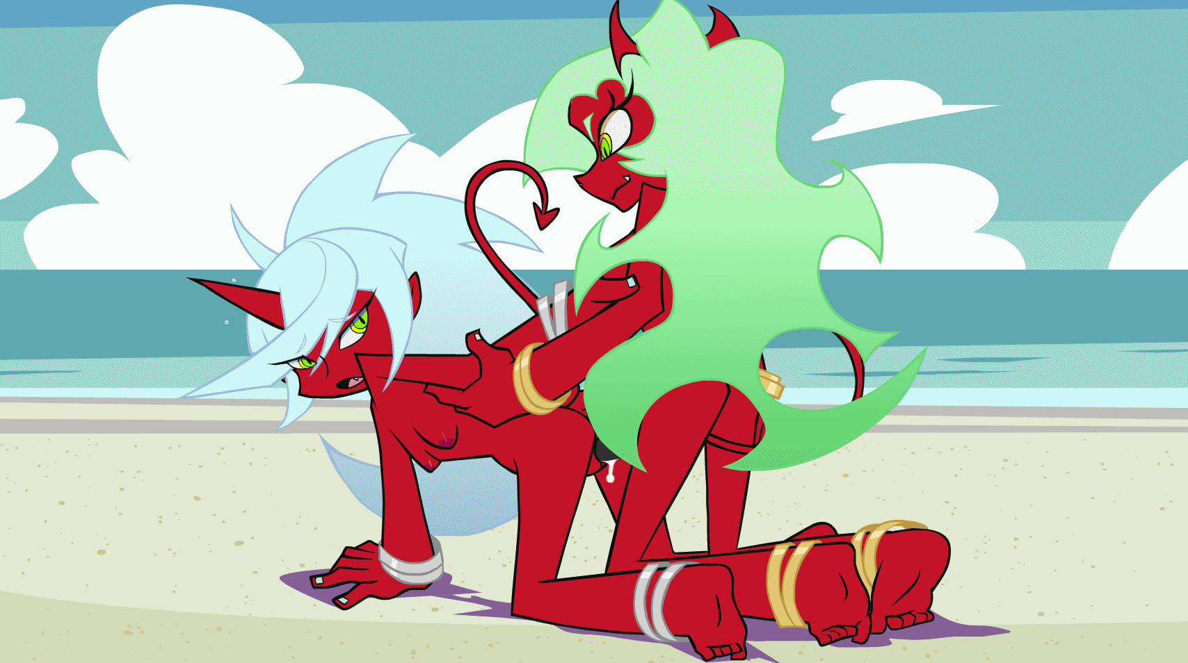 2d, 2girls, all fours, animated, anime, beach, bodily fluids, bracelet, breasts, demon, demon girl, demon tail, female, female only, female/female, from behind, green eyes, green hair, horn, incest, kneesocks daemon, lesbian, lesbian sex, looking at partner, looking back, multiple females, multiple girls, open mouth, outdoors, panty & stocking with garterbelt, public, red skin, red-skinned female, sand, scanty daemon, siblings, sister, sisters, strap-on, strapon, yuri, zone