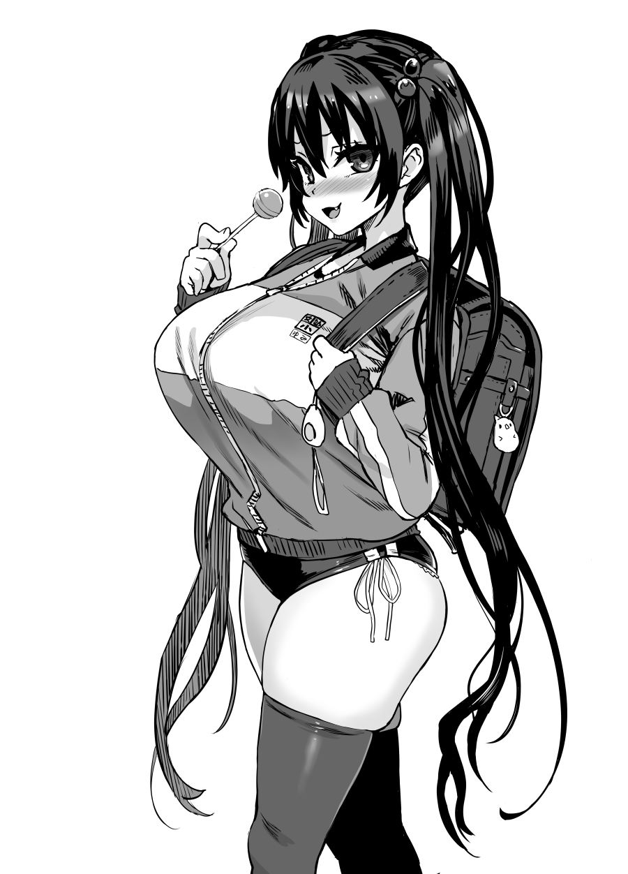 1girls asanagi backpack bag big_ass big_breasts black_and_white black_hair bloomers blush candy clothed clothed_female crime_prevention_buzzer curvy dark_hair ears fang gym_shorts hair hair_ornament holding_object huge_breasts jacket long_hair looking_at_viewer monochrome mouth_open naughty_face oerba_yun_fang randoseru shiny_hair short_shorts shorts shortstack side-tie_panties side_tie_panties smile smiling smirk smug straining tease teasing thick_thighs thighhighs twintails walking