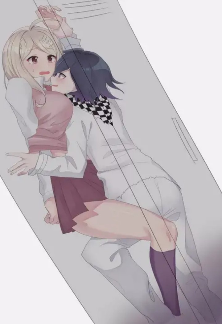 1boy, 1girls, akamatsu kaede, blonde hair, closet, clothing, danganronpa, danganronpa v3, female, grin, kokichi ouma, male, new danganronpa v3, ouma kokichi, purple eyes, purple hair, straight hair, worried
