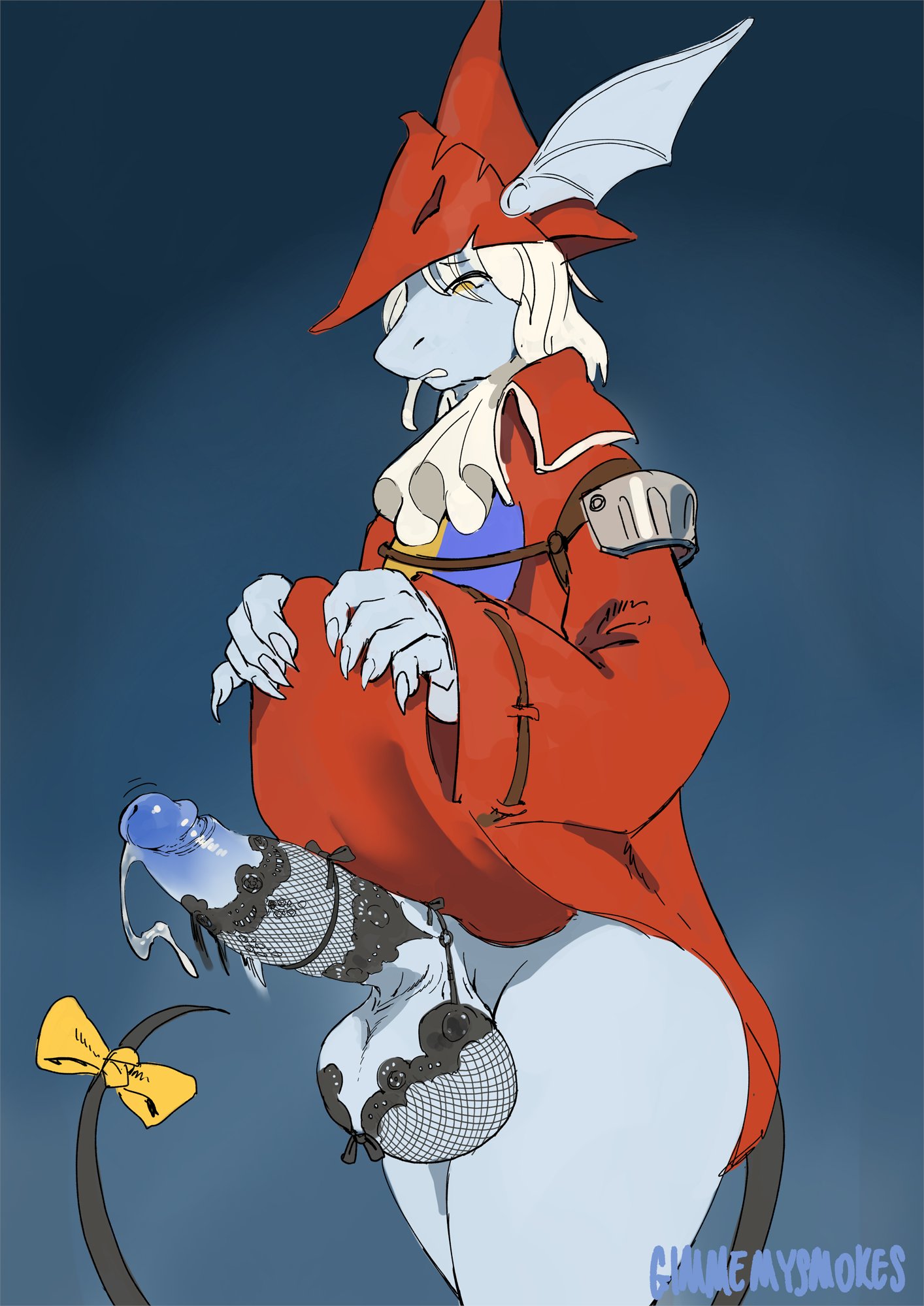 1futa, anthro, balls, balls bra, big balls, big penis, blue skin, clothed, clothing, cum, dickgirl, dress, dress lift, final fantasy, final fantasy ix, freya crescent, furry, futa only, futanari, gimmemysmokes, hat, huge balls, huge cock, humanoid penis, intersex, looking down, mostly clothed, penis, penis clothing, precum, solo, solo futa, testicles, white hair