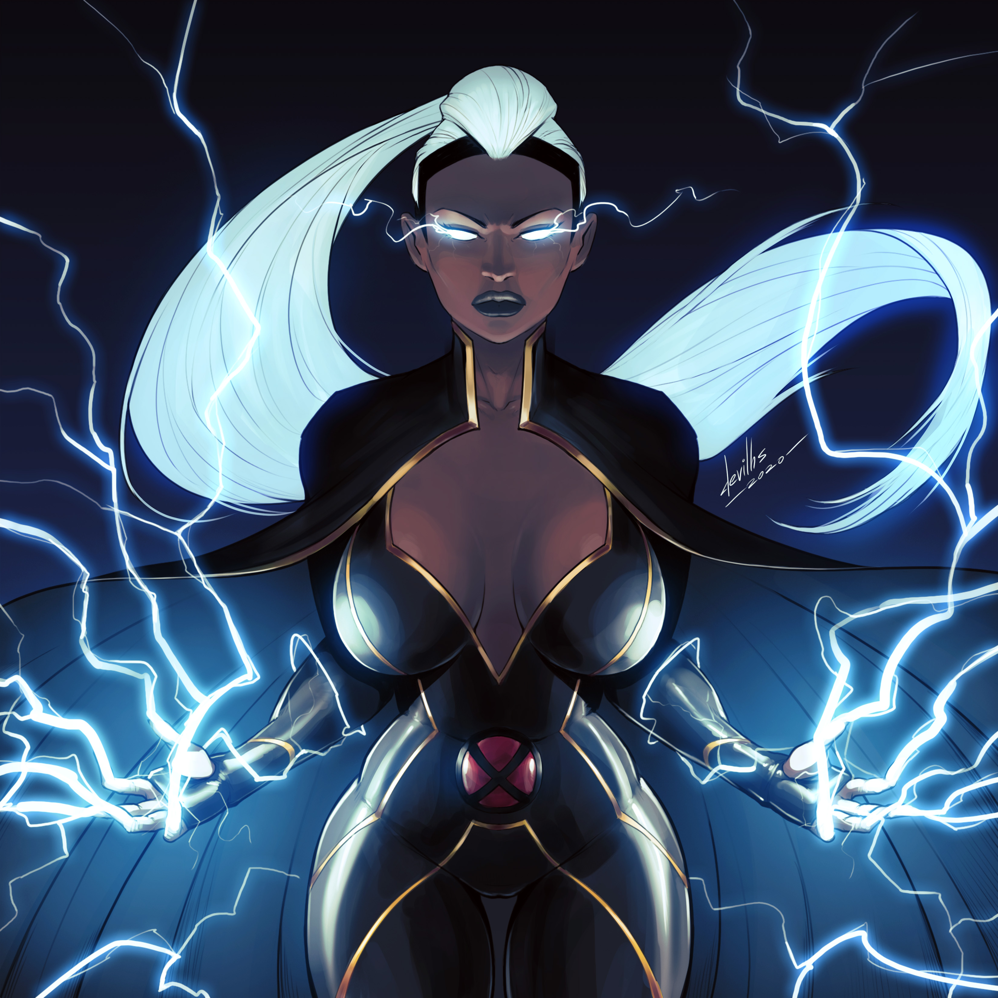 1girls, 2020, action pose, big breasts, bodysuit, breasts, busty, cleavage, cleavage cutout, collarbone, dark skin, dark-skinned female, devil hs, electricity, female, hourglass figure, large breasts, lightening, lipstick, long hair, makeup, marvel, marvel comics, mutant (marvel), ororo munroe, pinup, pose, posing, skin tight, solo, solo female, standing, storm (x-men), superheroine, thighs, tied hair, white eyes, white hair, wide hips, x-men