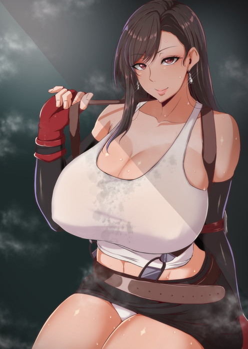 big breasts, breasts, breasts bigger than head, brown hair, cleavage, female, female only, final fantasy, final fantasy vii, long hair, mucc, nipples, nipples visible through clothing, solo, solo female, solo focus, tifa lockhart, upskirt, voluptuous