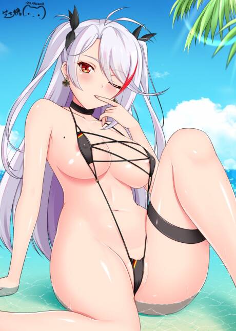 1girls, azur lane, bikini, breasts, female, female only, hair, light skin, light-skinned female, long hair, multicolored hair, prinz eugen (azur lane), red highlights, shiba shitou, sling bikini, solo, swimsuit, tagme, thighs, white hair