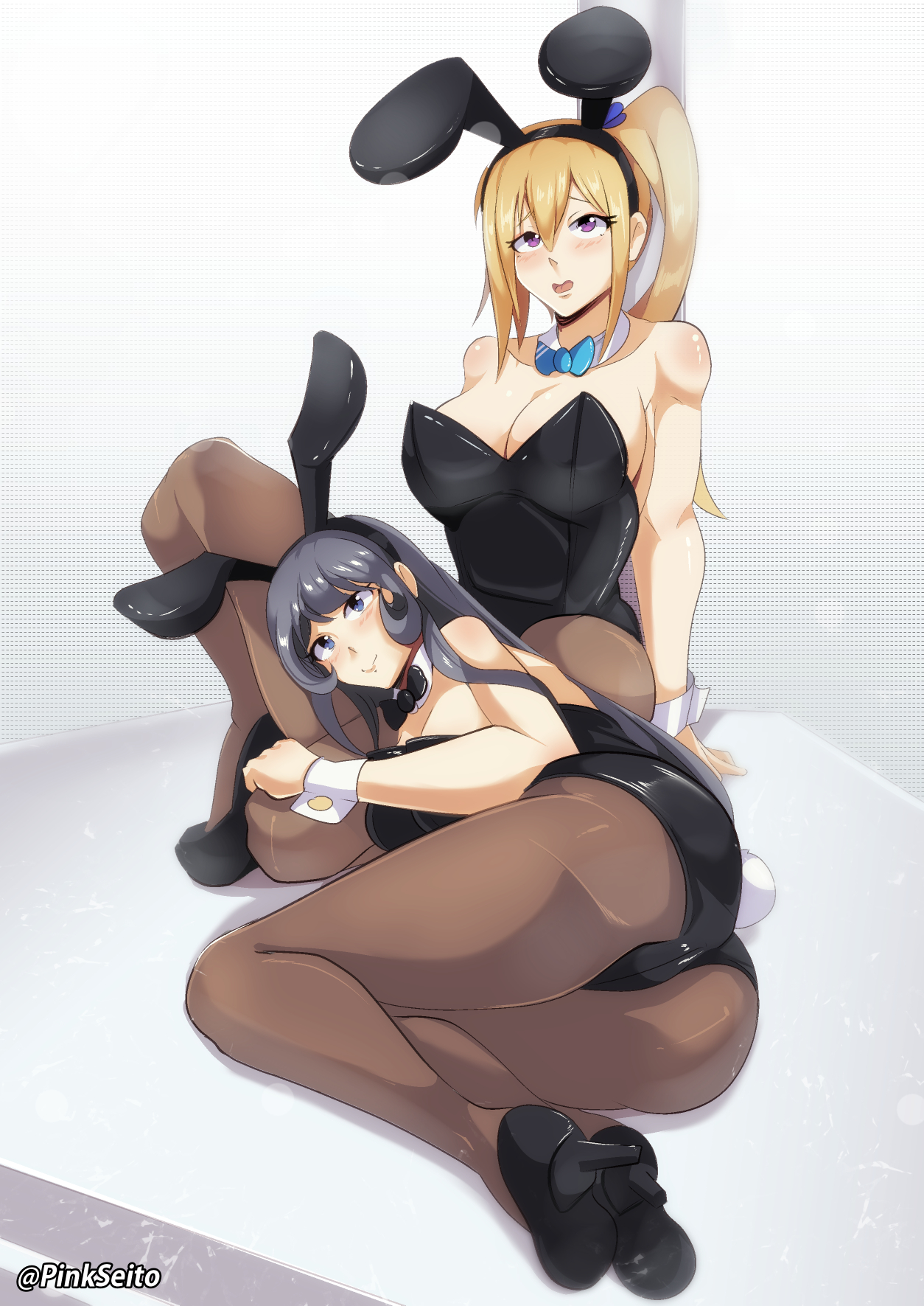 2girls, big breasts, black hair, blonde hair, breasts, bunny ears, bunny girl, bunnysuit, female, female only, high heels, kawakami mai, long hair, multiple females, multiple girls, musaigen no phantom world, pantyhose, pinkseito, sakurajima mai, seishun buta yarou wa bunny girl senpai no yume wo minai
