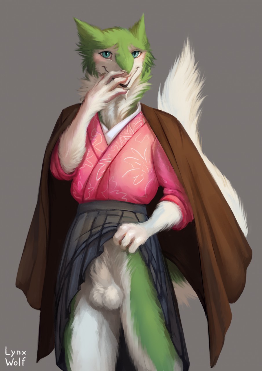 2020 animal_genitalia anthro balls clothed clothing crossdressing dress fully_sheathed fur genitals hi_res looking_at_viewer lynxwolf male male_only mammal pin_(pinpineapplepin) presenting sergal sheath solo