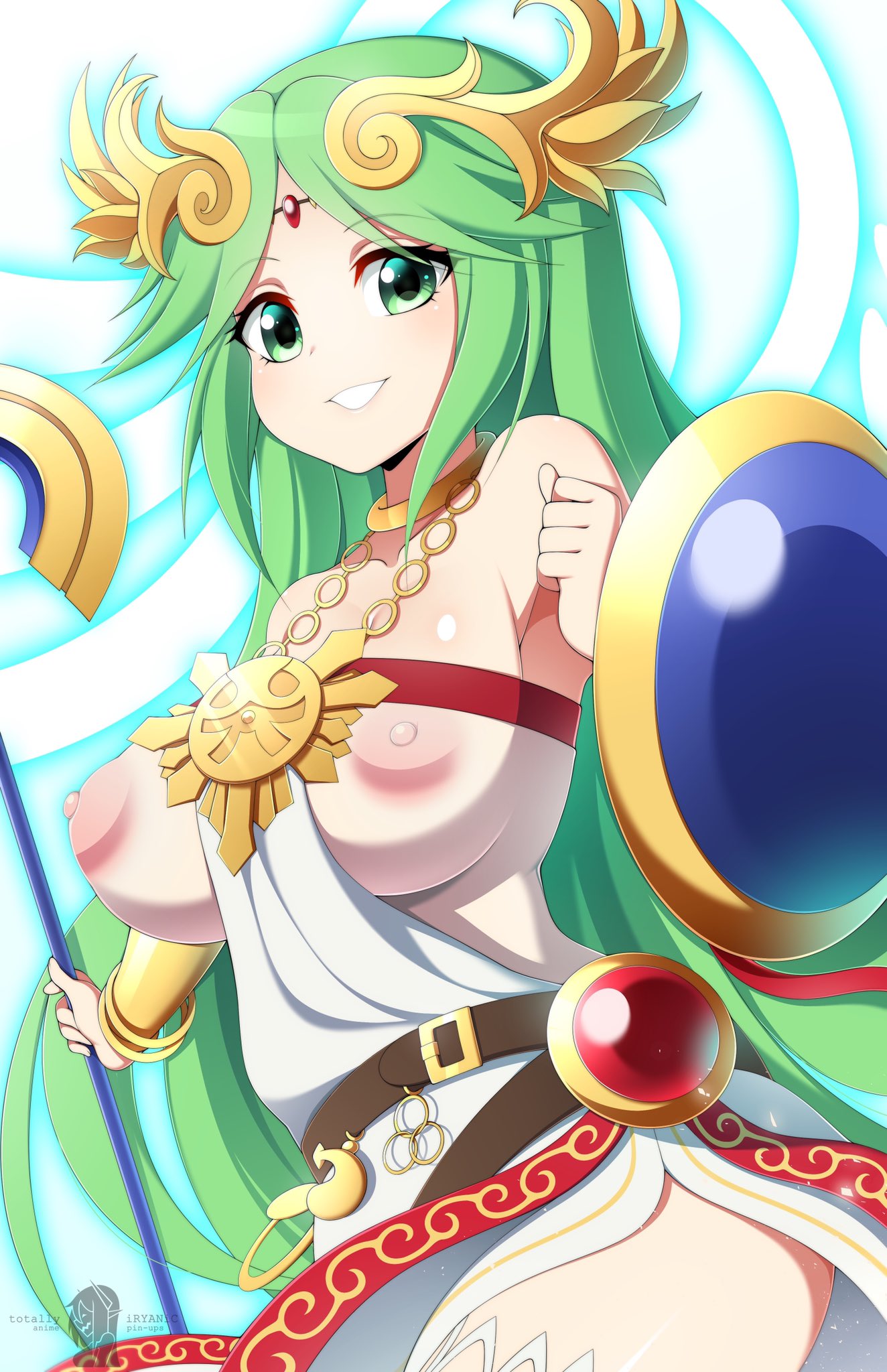 1girls, bare shoulders, belt, big breasts, breasts, casual exposure, dress, erect nipples, eyebrows visible through hair, female, female only, goddess, green eyes, green hair, halo, highres, huge breasts, human, human only, iryanic, kid icarus, large breasts, light skin, light-skinned female, long hair, looking at viewer, nintendo, nipples, nipples visible through clothing, pale skin, pale-skinned female, palutena, partially clothed, see-through clothing, shield, solo, staff, stockings, teeth, thick, thick thighs, thighhighs, thighs, tiara, very long hair, wide hips