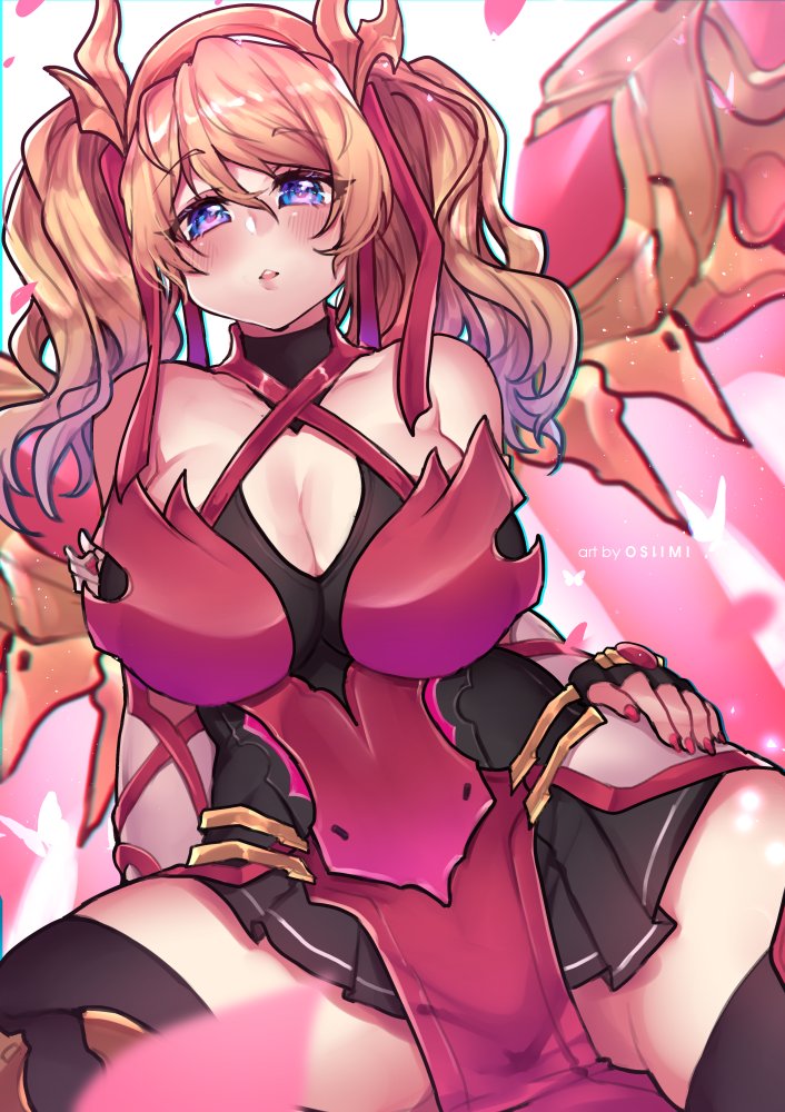 angel, armor, big breasts, blonde hair, blue eyes, blush, breasts, cleavage, curvy, female, hair ornament, huge breasts, looking at viewer, mercy, osiimi, overwatch, pink mercy, skirt, spread legs, thick thighs, thighhighs, twintails, wings