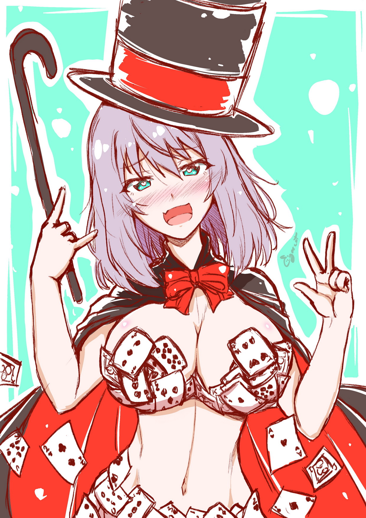 1girls, 2020, artist name, blue eyes, blush, bow, breasts, cane, cape, card, cards, cigar cat, covered breasts, eyebrows visible through hair, fangs, female, female only, grey hair, hat, heart, heart-shaped pupils, highres, holding object, looking at viewer, magician hat, open mouth, playing card, signature, smile, solo, tejina senpai, tejina senpai (character), tongue, top hat