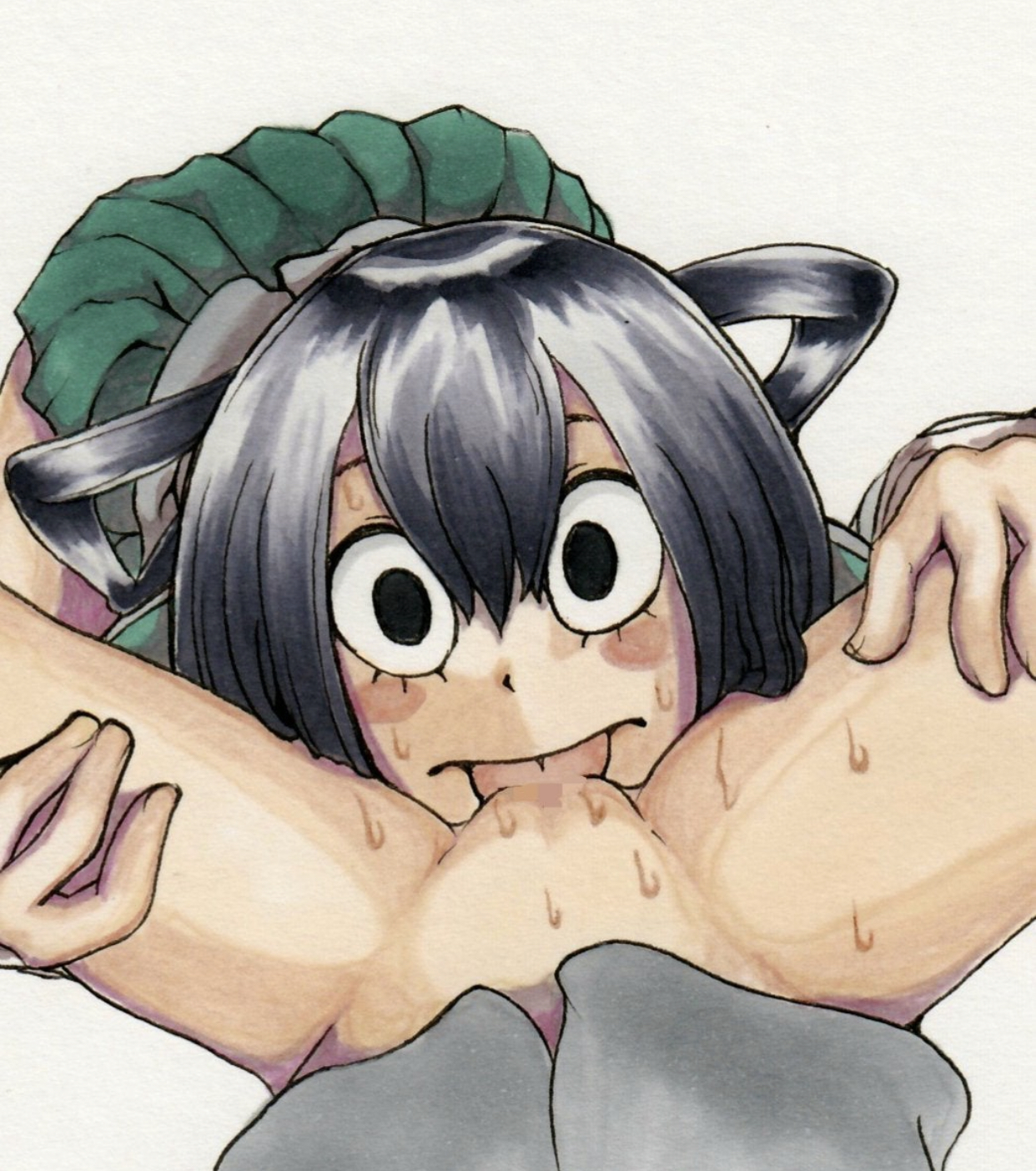anon, black eyes, black hair, bottomless, bottomless female, censored, cunnilingus, eye contact, eyelashes, female, female pov, green skirt, hands on another's thighs, human, kinu (artist), long tongue, looking at viewer, mosaic censoring, my hero academia, oral, pov, sweat, tsuyu asui, yuri