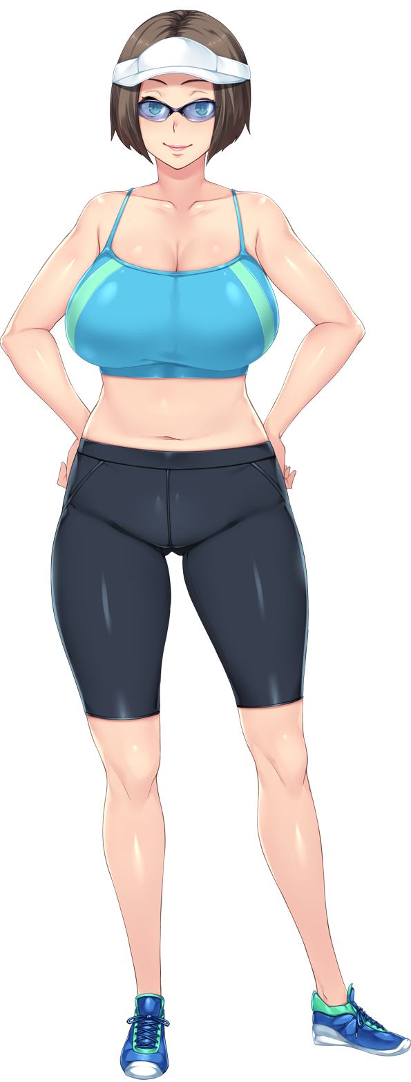 1girls belly bob_cut brown_hair clothing crop_top exercise_clothing female fully_clothed game_cg green_eyes hands_on_hips hatsufuji_akari huge_breasts mature_female midriff milf mother official_art orcsoft plump solo solo_female spats sports_bra sportswear sunglasses suruga_kuroitsu tennis_shoes transparent_background venus_body visor voluptuous voluptuous_female yarichin_katei_kyoushi_netori_houkoku