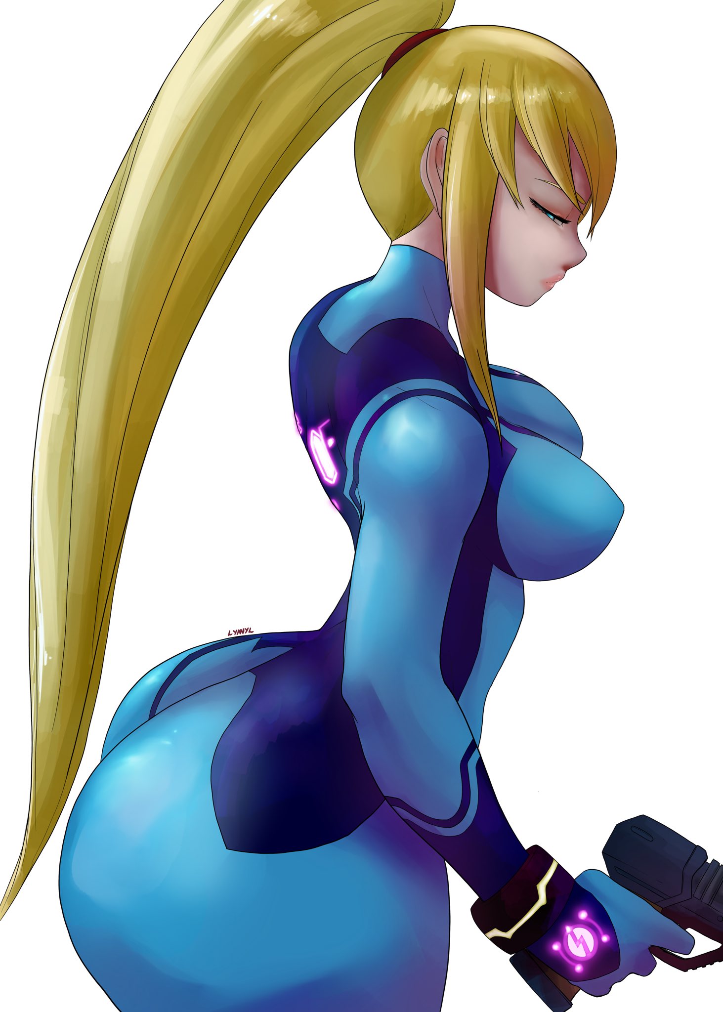ass, big breasts, bimbo, blonde hair, bodysuit, bottom heavy, breasts, bubble ass, bubble butt, female, female only, firearm, handgun, huge ass, huge thighs, human, long hair, lyn nyl, metroid, nintendo, pale skin, ponytail, samus aran, solo, solo focus, thick thighs, weapon, wide hips, wristwear, zero suit, zero suit samus