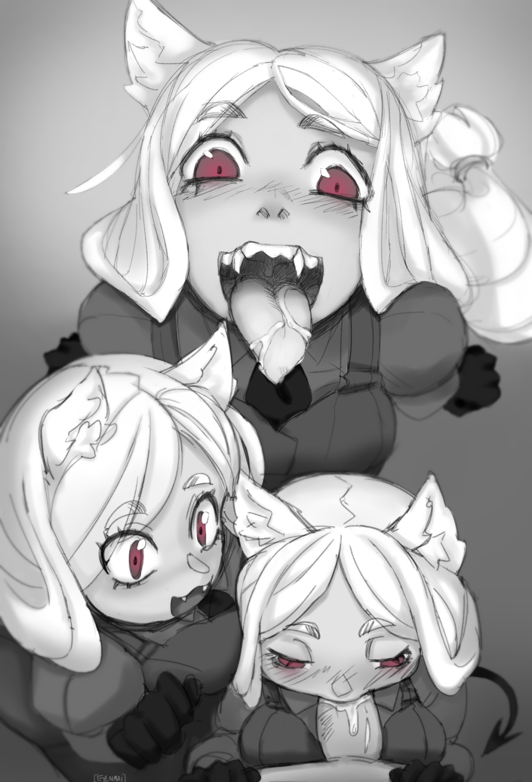 :3, 1boy, 3girls, animal ear fluff, animal ears, animal humanoid, blush, cerberus (helltaker), demon, demon girl, demon tail, fellatio, female, genitals, genmai (artist), group, hair, helltaker, high resolution, interspecies, looking at viewer, male, male pov, multiple females, multiple girls, nekomimi, open eyes, oral, penis, pov, saliva, spot color, sucking, tail, tongue, tongue out