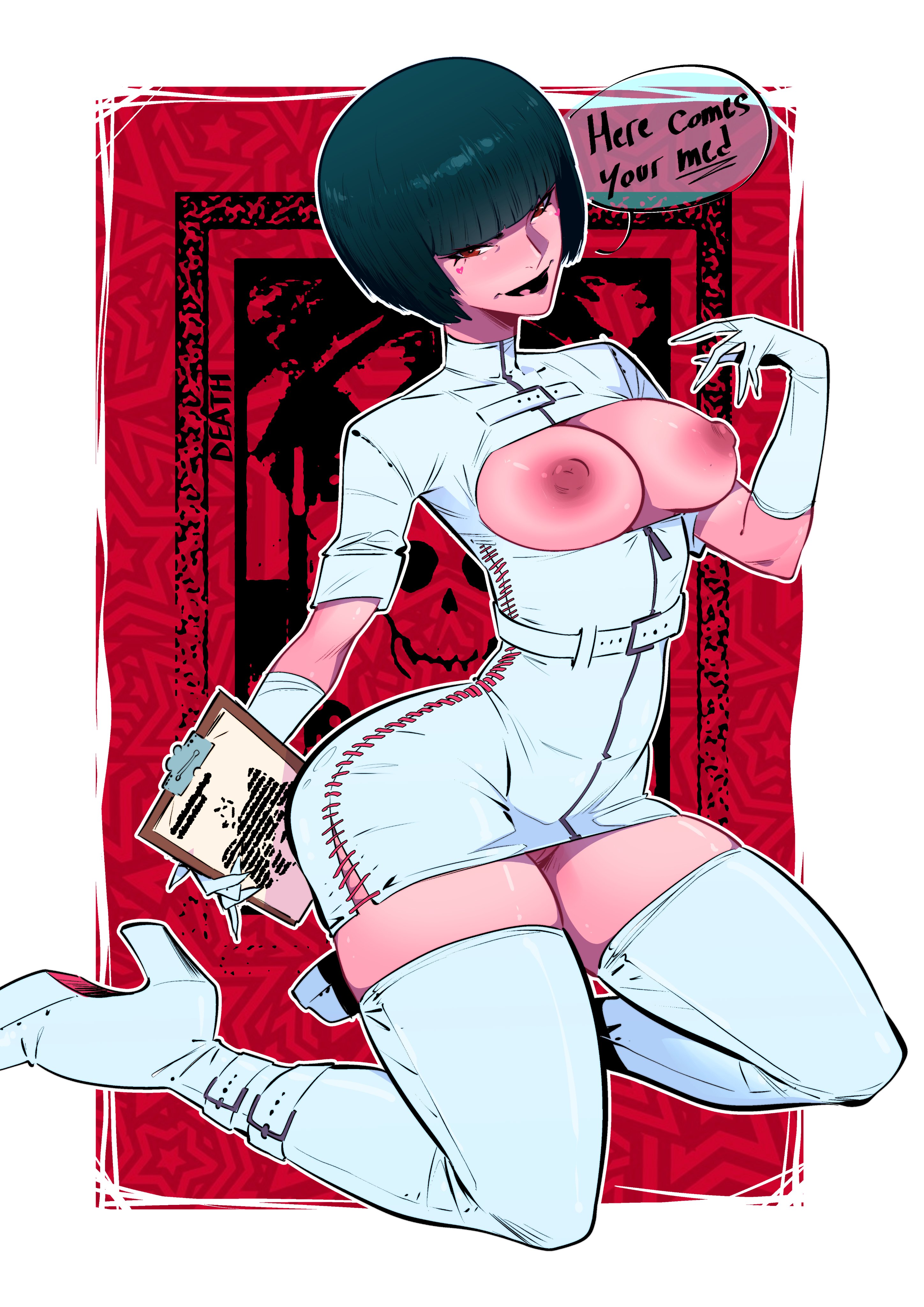 1girls, alternate version available, areolae, armwear, atlus, big breasts, black lipstick, bob cut, breasts, breasts out, brown eyes, clipboard, dark blue hair, english, english text, exposed breasts, female, female only, footwear, gloves, hair, heels, high heels, hips, holding object, lips, lipstick, makeup, mature, mature female, mature woman, nipples, nurse, nurse clothing, nurse uniform, pandarojoart, persona, persona 5, platform heels, short hair, solo, solo female, speech bubble, tae takemi, text, thighhigh boots, thighs, topless, white gloves, wide hips