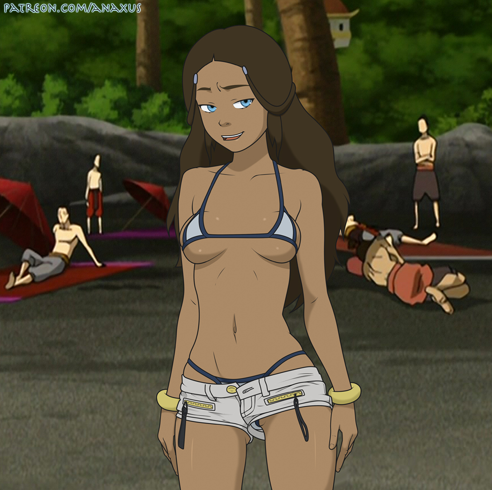 1girls anaxus avatar_the_last_airbender beach bikini blue_eyes booty_shorts bracelet breast_squeeze breasts brown_hair buttons clothed clothing daisy_dukes daisy_dukes_bikinis_on_top dark-skinned_female dark_skin female g-string jean_shorts katara long_hair looking_at_viewer male nickelodeon pussy_slip short_shorts shorts small_breasts swimsuit underboob undone zipper