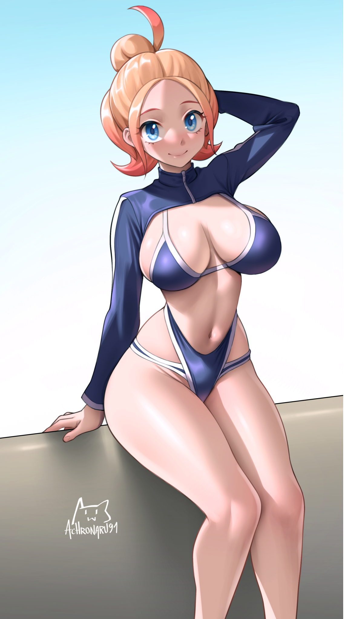 1girls, achromaru, arm behind head, arm support, bikini, bilingual commentary, blonde hair, blue bikini, blue eyes, blue shrug, breasts, closed mouth, commentary, commentary request, english commentary, feet out of frame, female, female only, gradient background, gradient hair, hair bun, highleg, highleg bikini, highres, large breasts, layered bikini, long sleeves, looking at viewer, mixed-language commentary, multicolored hair, navel, nintendo, pink hair, pokemon, pokemon legends: z-a, short hair, shrug (clothing), single hair bun, sitting, smile, solo, swimsuit, taunie (pokemon), townie (pokemon), twitter username