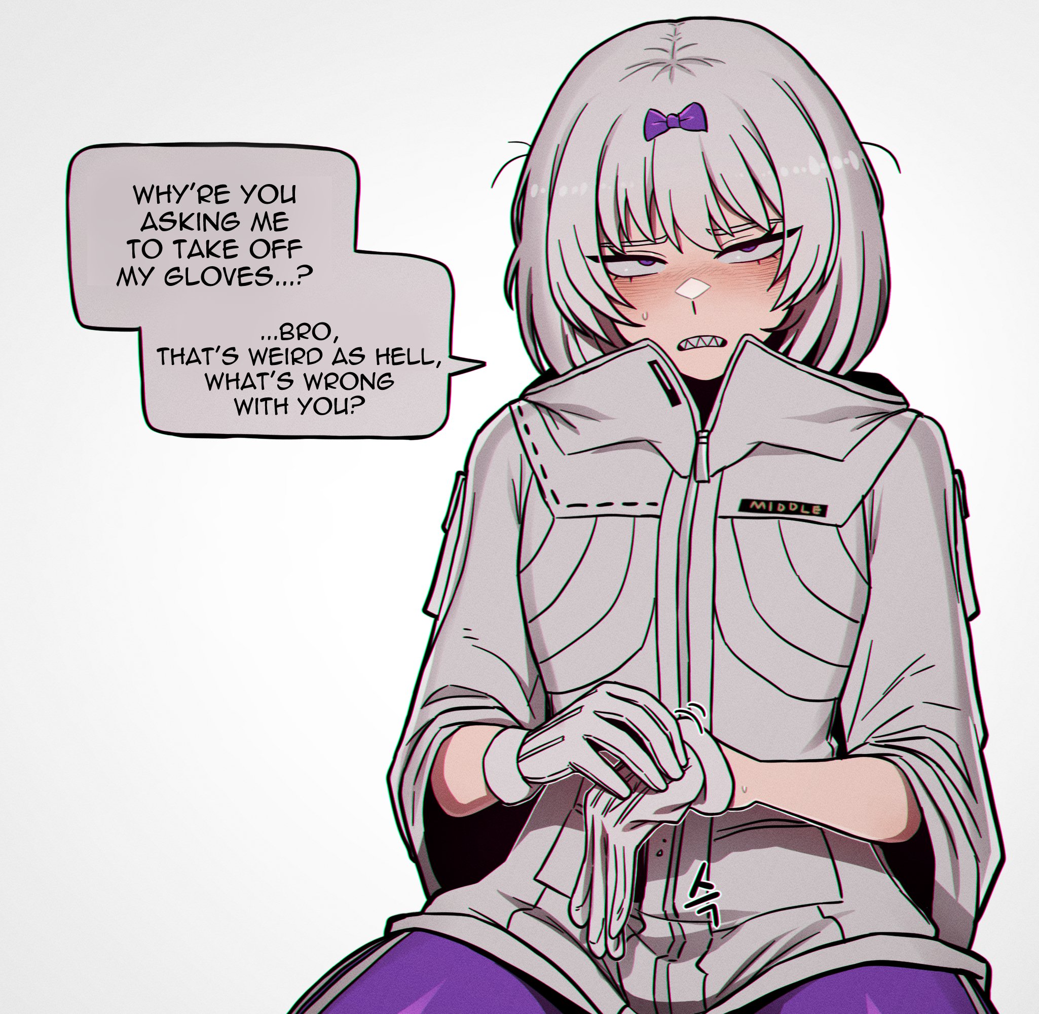 ..., alluding, blush, blushing, dialogue, eye contact, gloves, homomorphic, hoodie, kira (limbus company), light skin, limbus company, misg1111, pov, project moon, purple eyes, removing glove, shark teeth, sharp teeth, short hair, similar looking, suggestive, sweat, the middle (identity) (project moon), the middle (project moon), trembling, weirded out, white hair