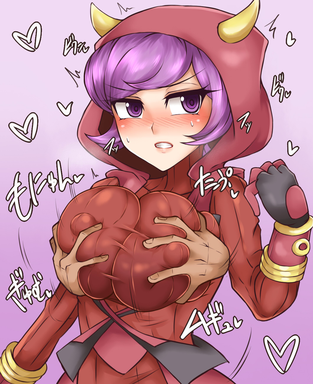 1girls, alternate breast size, ambiguous gender, beruzumi-m, big breasts, blush, breast grab, breasts, cleavage, courtney (pokemon oras), courtney (pokemon), disembodied hand, erect nipples, fake horns, female, fit, from behind, gloves, groping, heart, hood, huge breasts, human, japanese text, large breasts, motion lines, nintendo, nipple bulge, nipples, pokemon, pokemon oras, pokemon rse, purple background, purple hair, red eyes, short hair, solo focus, sweat, team magma, teeth, text, thin waist, trembling, wince