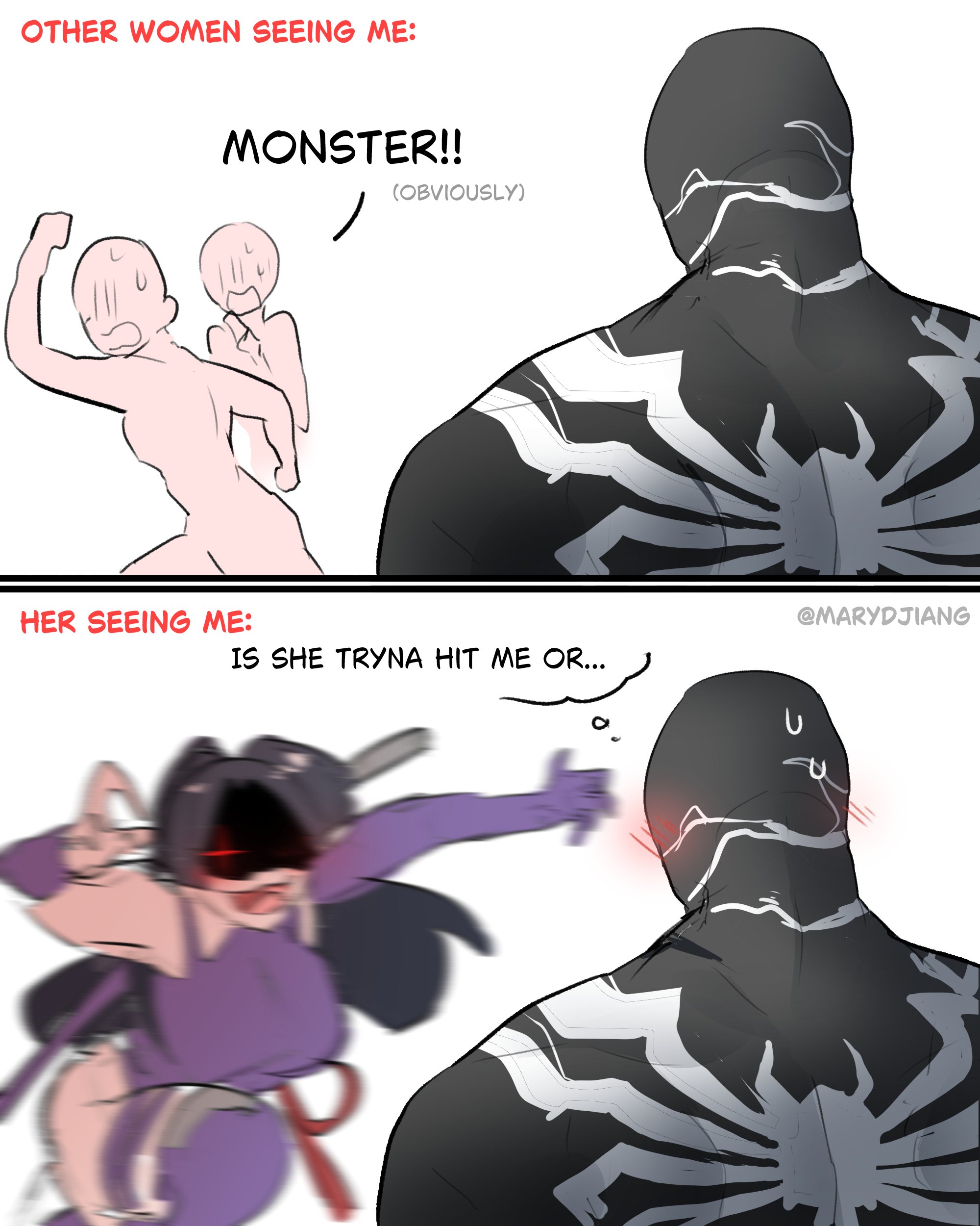1boy, 1girls, 1monster, 2026, 2d, artist name, artist signature, black hair, black-haired female, blush, blush lines, japanese female, light skin, light-skinned female, long hair, long-haired female, male/female, marvel, marvel rivals, marydjiang, meme, monster, psylocke, psylocke (sai) (vengeance), spider-man (series), venom (marvel rivals), venom (marvel)
