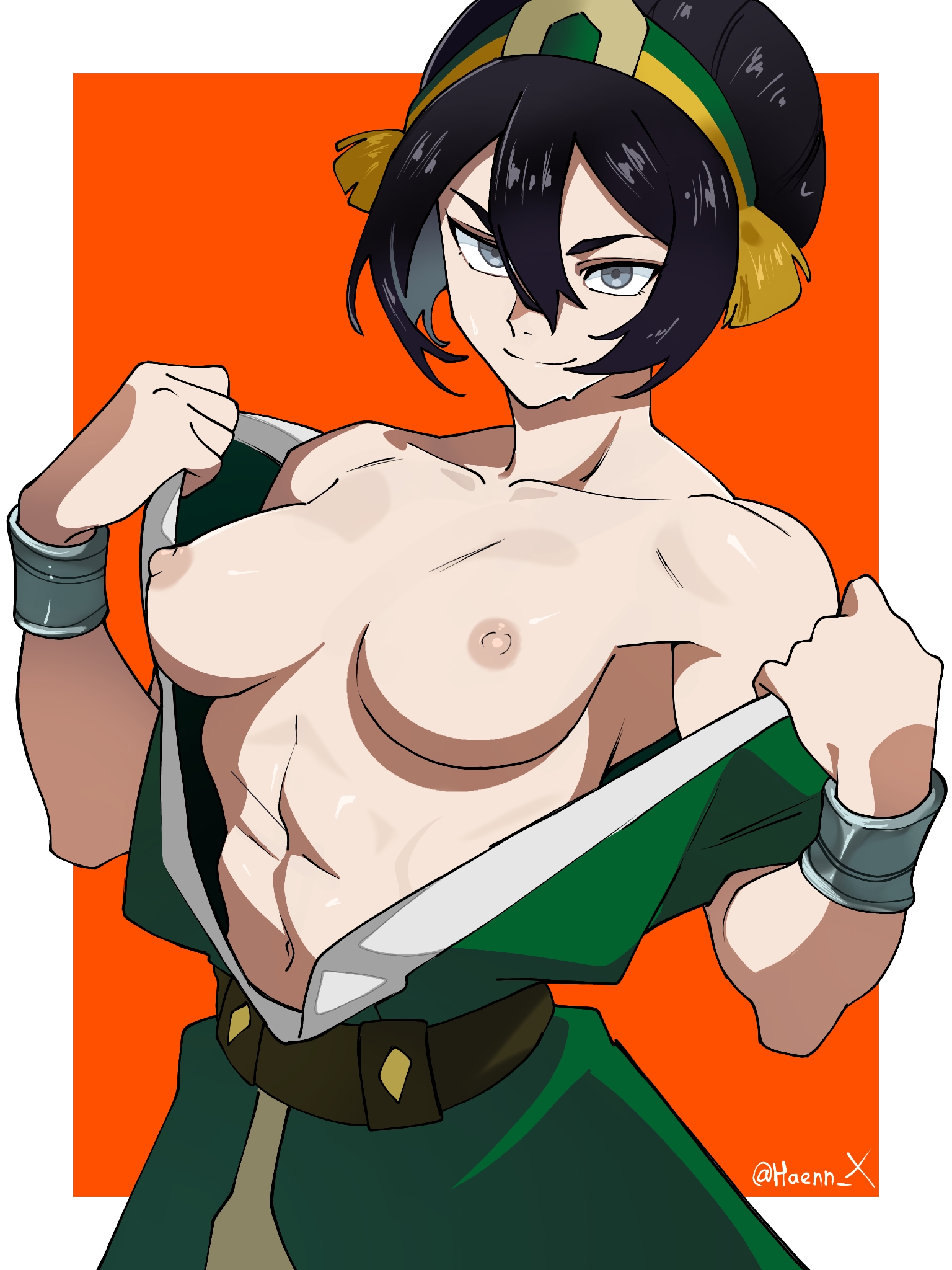 1girls, abs, avatar the last airbender, black hair, black hair female, breasts, haennx, hair bun, hair tie, hair tied up, half naked, half naked female, half-dressed, removing clothing, revealing breasts, solo female, the legend of aang, toph bei fong