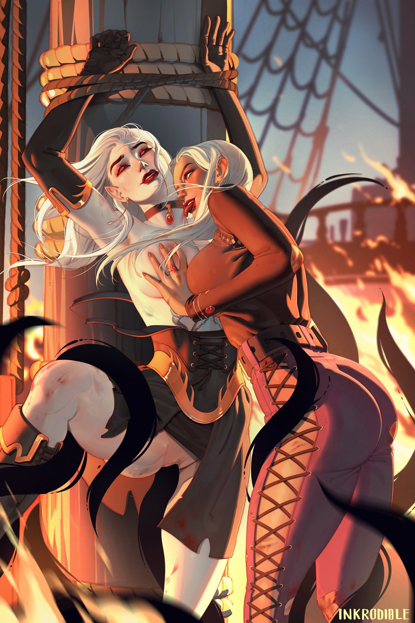 2girls, amaya (tzeentc25898512), blush, bound wrists, breast grab, breasts, clothed, clothed sex, female, female only, female/female, fire, inkrodible, interspecies, jewelry, lesbian, licking, licking neck, looking pleasured, magic, monster, monster on female, pale skin, pale skinned female, partially clothed, pirate, pleasure face, red eyes, sex, shadow magic, shadow tentacles, ship, silver hair, smile, tentacle, tentacle sex, vaginal penetration, vampire, warhammer (franchise), warhammer fantasy, yuri