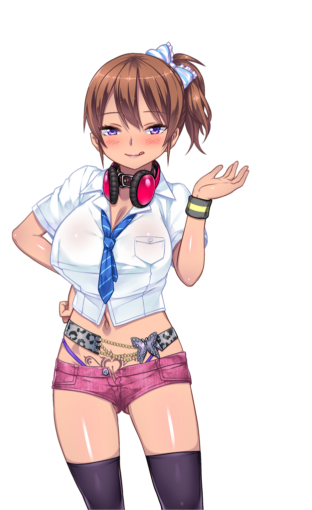 a-10_(artist) ayatsuji_reina belly_button black_kneehighs blush blushing brown_hair choker dskbjcs_dosukebe_juicies eyebrows_visible_through_hair game_cg hair_ribbon headphones huge_breasts licking_lips medium_hair orcsoft ponytail pubic_tattoo purple_eyes ribbon short_sleeves shorts thighhighs thong transparent_background unzipped_shorts