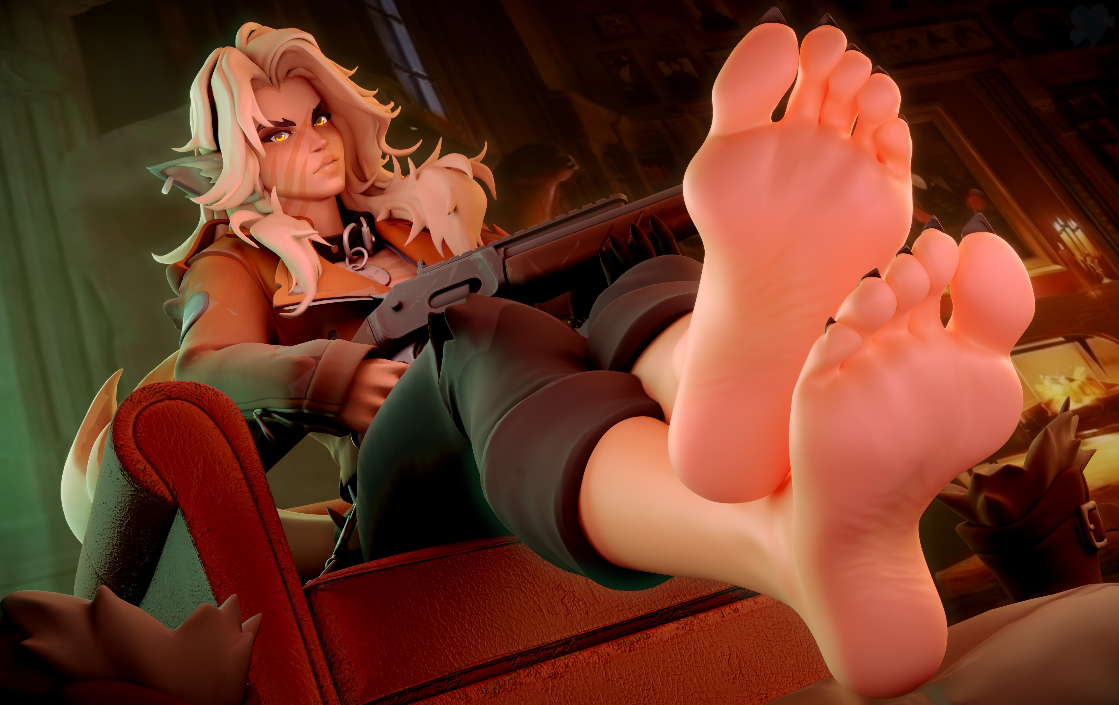 1girls, 3d, barefoot, black toenails, blonde hair, deadlock, feet, female, foot fetish, foot focus, gun, mostly clothed, orange eyes, pippersad, presenting feet, scar, sharp toenails, silver (deadlock), soles, solo, toes, wolf ears, wolf girl