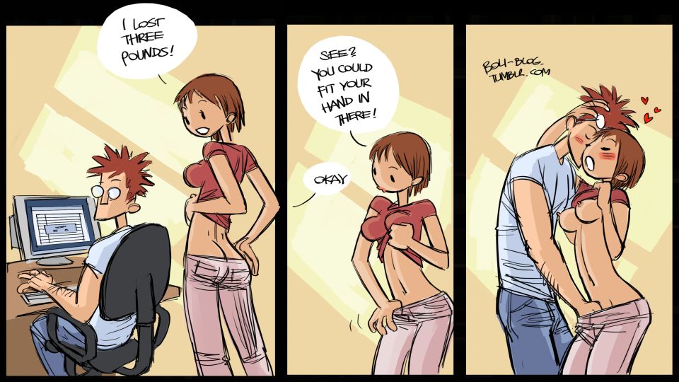 1boy, 1girls, au (artist), boli-blog, brown hair, comic, dialogue, female, fingering, flirting, hand in panties, jeans, male, shirt lift, standing sex, straight, text bubble