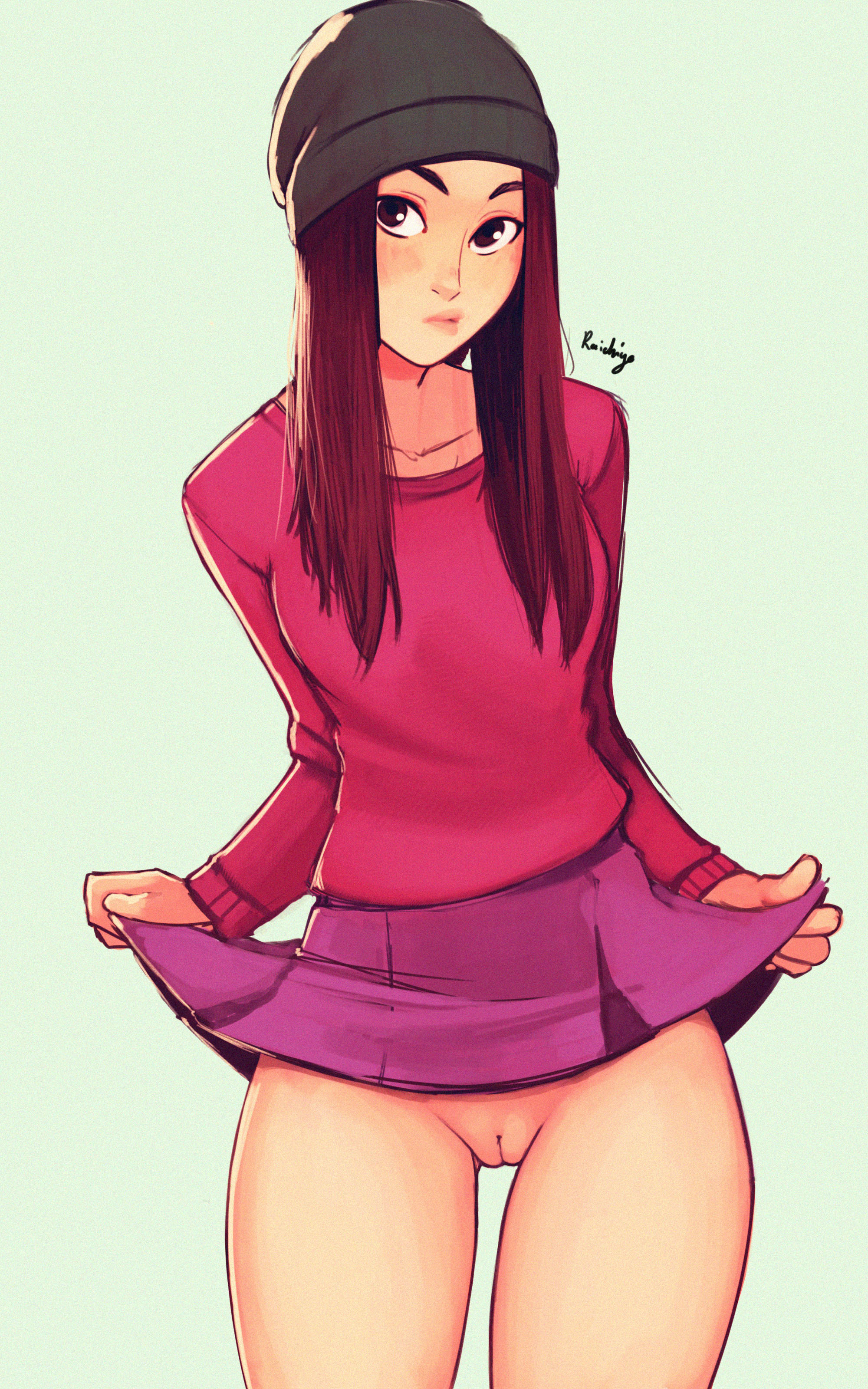 1girls, beanie, blush, brown eyes, brown hair, cardigan, female, flashing, highres, lifting skirt, long hair, looking at viewer, no panties, original, original character, presenting, presenting pussy, pussy, raichiyo33, simple background, skirt, solo, white background