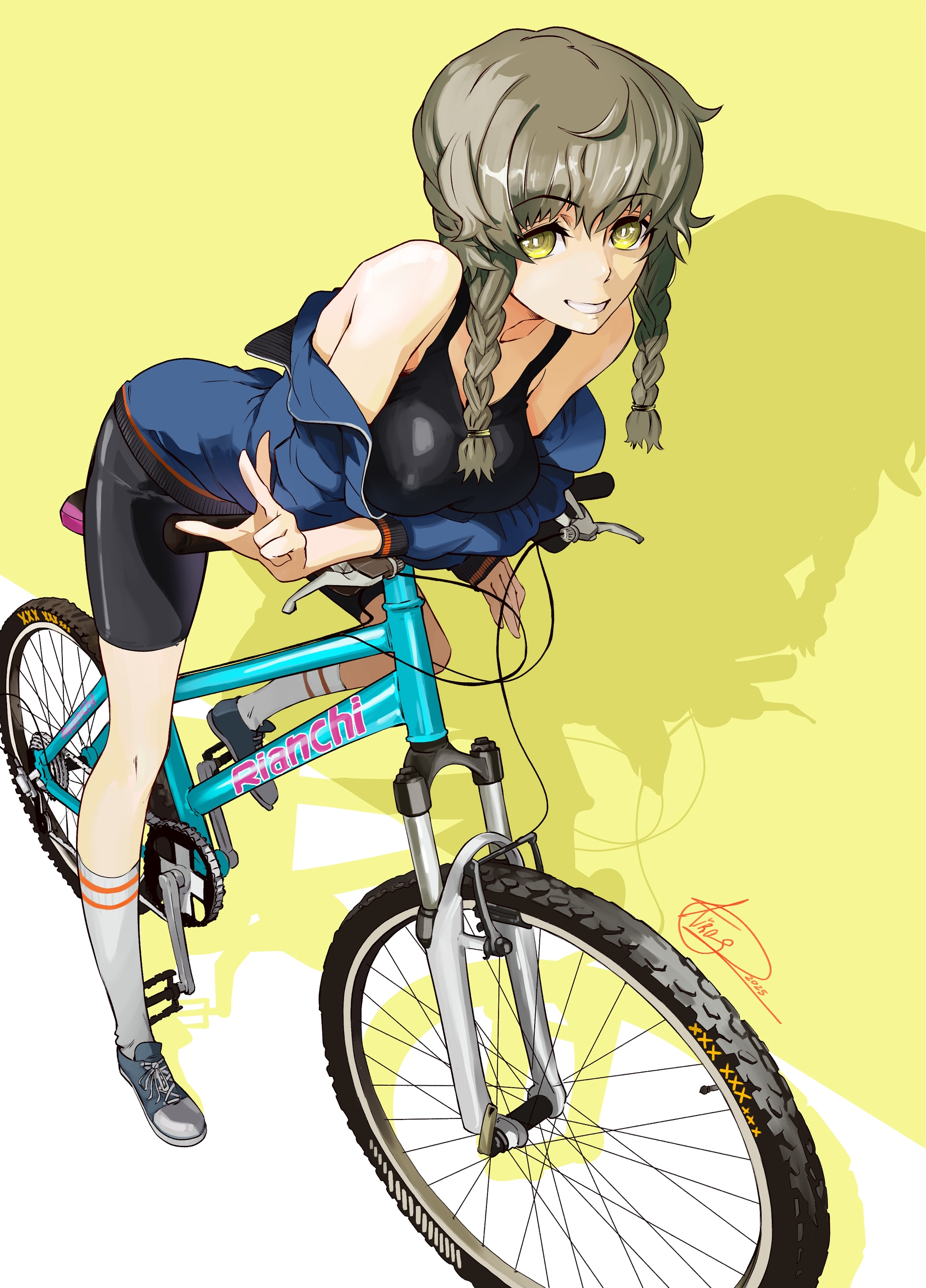 1girls, amane suzuha, bicycle, bike, bike shorts, braided hair, brown hair, dynamic pose, fluffy hair, fully clothed, kirostemple, large breasts, sfw, short hair, smile, solo, sports bra, steins;gate, tomboy, track jacket, twin braids, workout clothes, yellow eyes