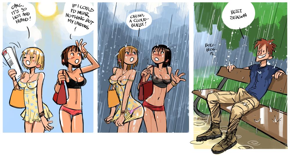 2girls, au (artist), boli-blog, comic, dialogue, erection under clothes, female, multiple females, multiple girls, nipples visible through clothing, public, rain, raining, see-through clothing, straight, voyeur, wet, wet clothes