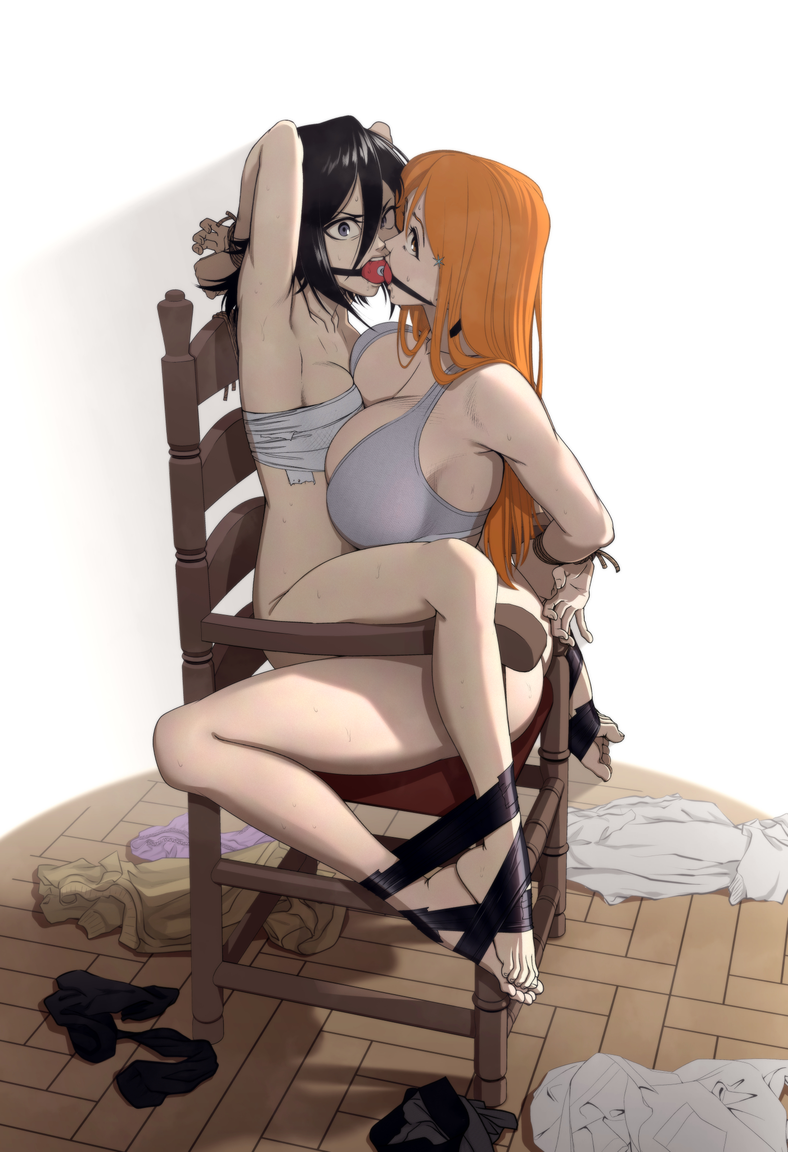 ball gag, bleach, bleach: the thousand-year blood war, bondage, chair, clothes on floor, gag, inoue orihime, kuchiki rukia, kusujinn, rope, rope bondage, tape bondage