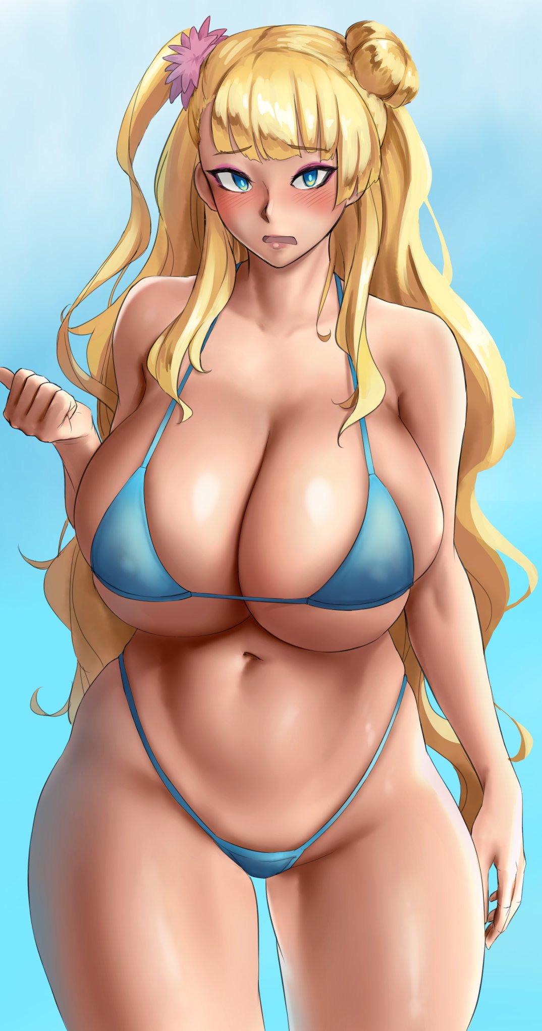 1girls, bare arms, bare legs, bikini, blonde hair, blue eyes, blush, blushing, breasts, cleavage, curvy, eyebrows, eyebrows visible through hair, eyeliner, female, female only, galko, gyaru, hair bun, hair ornament, huge breasts, long hair, midriff, navel, oshiete! galko-chan, plump, revealing clothes, roresu, simple background, skimpy bikini, skimpy clothes, sky, solo, solo female, thick thighs, thighs, very long hair, voluptuous, wide hips