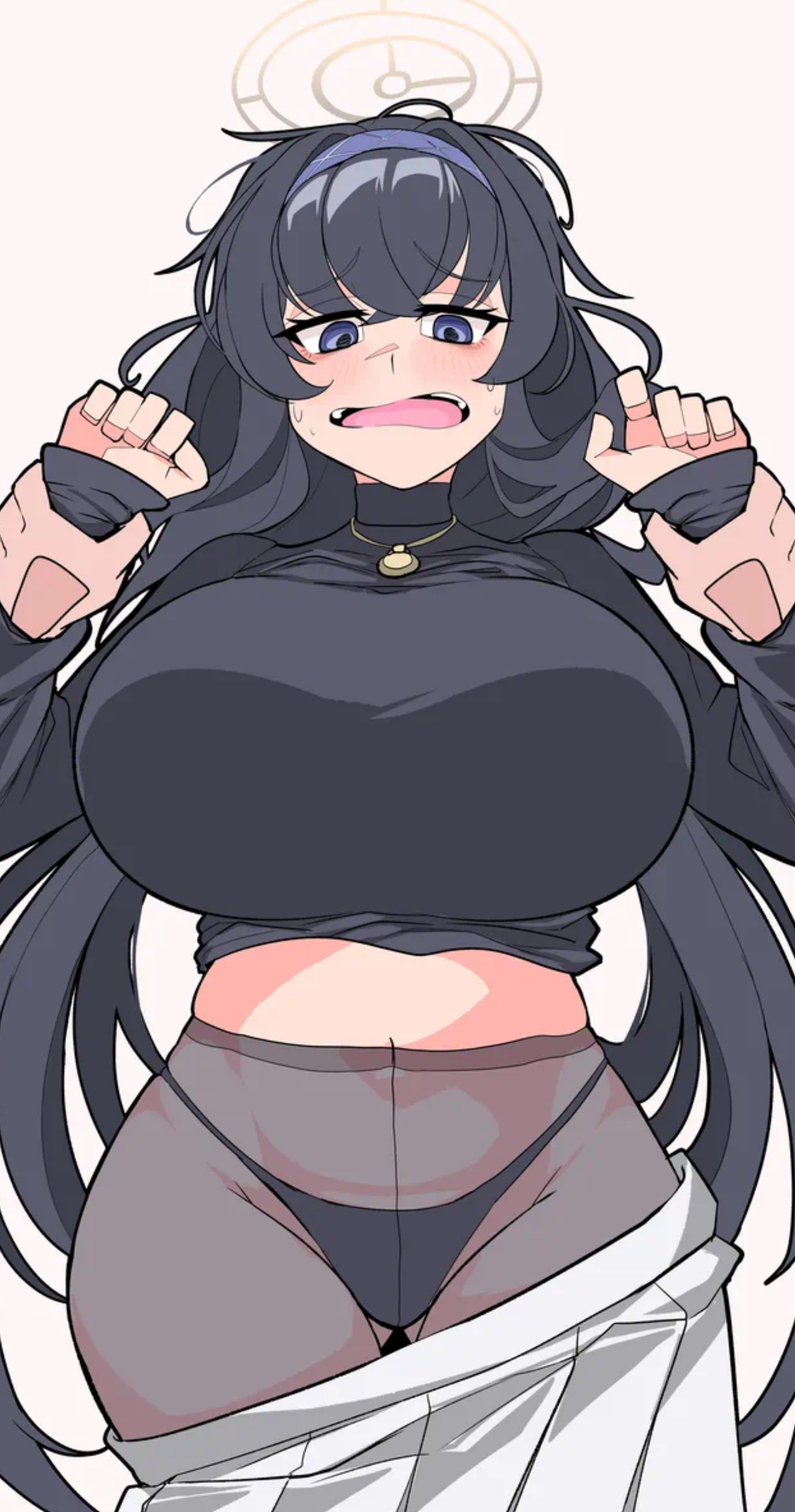 ass visible through thighs, big breasts, black hair, blue archive, curvy female, embarrassed expression, grabbing wrists, male hands, panties, pants down, see-through pantyhose, shirt on, thick thighs, two handy, ui (blue archive), wide hips
