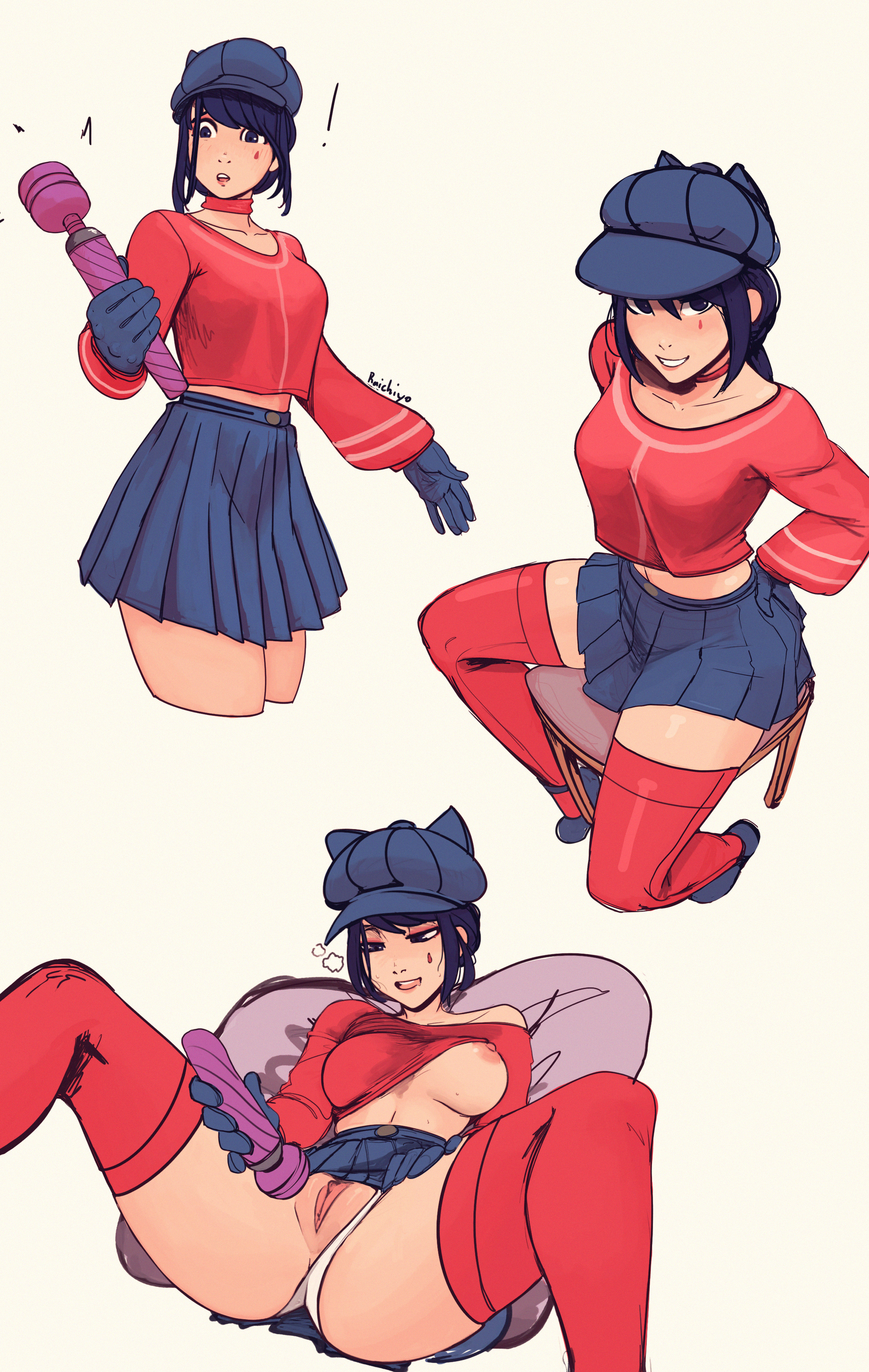 1girls, blue eyes, blue hair, blush, breasts, cappie (miside), cardigan, cardigan lift, cool mita (miside), female, hat, highres, large breasts, legs spread, looking at viewer, looking pleasured, lying, lying on back, masturbation, medium hair, midriff, miside, mita (miside), multiple poses, nipples, one breast out, panties, panties aside, pussy, raichiyo33, shirt lift, simple background, sitting, skirt, smile, smile at viewer, solo, surprised, thighhighs, thighs, vibrator, white background