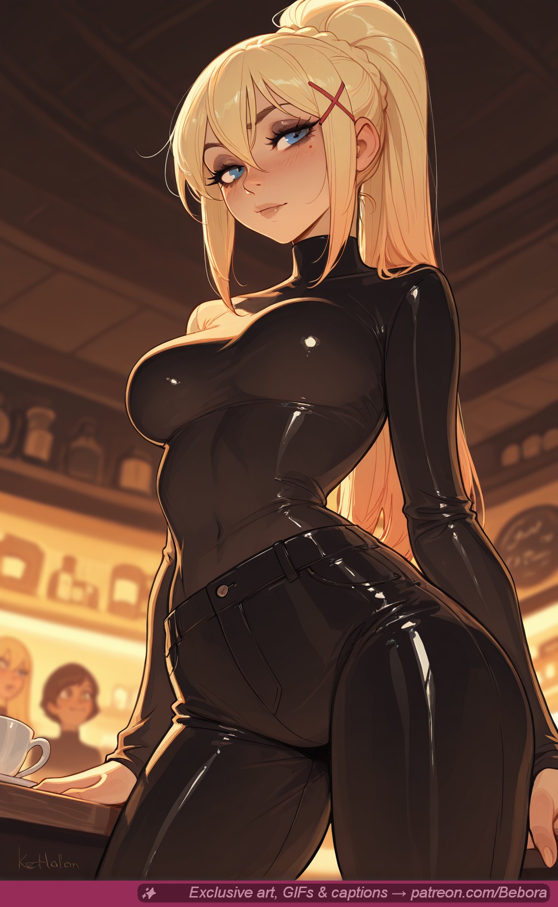 ai, ai assisted, ai generated, artist name, bebora, black bodysuit, black pants, blonde hair, blue eyes, blurry, blurry background, blush, bodysuit, breasts, closed mouth, contrapposto, covered collarbone, covered navel, cowboy shot, cup, darkness (konosuba), female, hair between eyes, hair ornament, indoors, konosuba, large breasts, latex, leather pants, long hair, long sleeves, looking at viewer, pants, patreon, ponytail, shiny clothes, sidelocks, skin tight, smile, solo focus, standing, tight clothes, turtleneck, x hair ornament