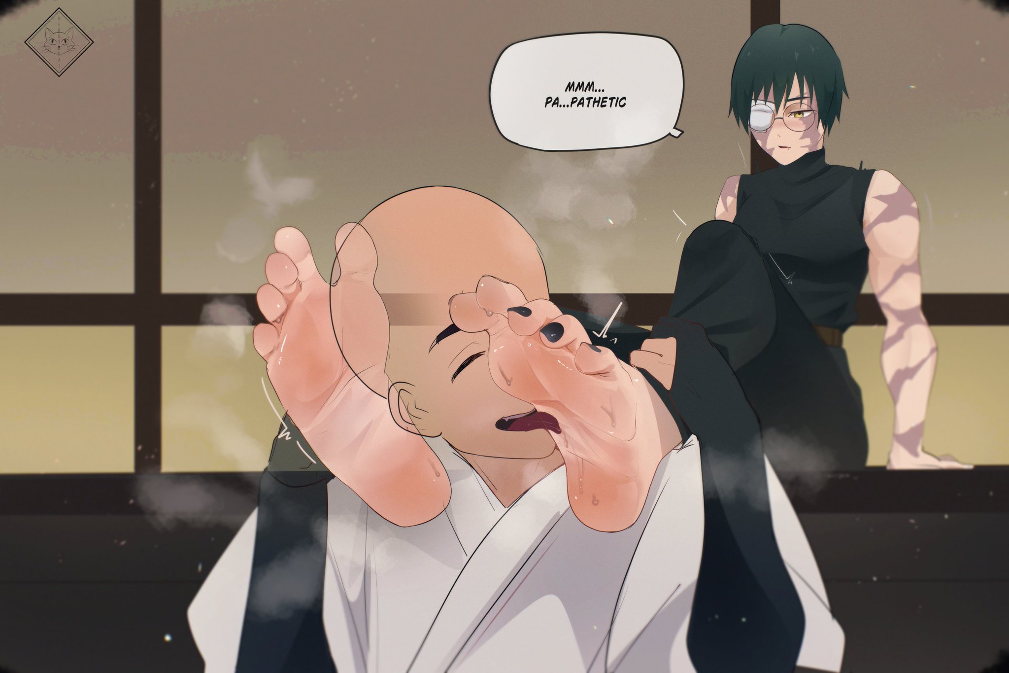 feet, feet focus, feet on shoulders, foot fetish, fully clothed, jujutsu kaisen, licking foot, maki zenin, musk, musk clouds, nekoyokai, round glasses, scars, smelly feet, zenin maki