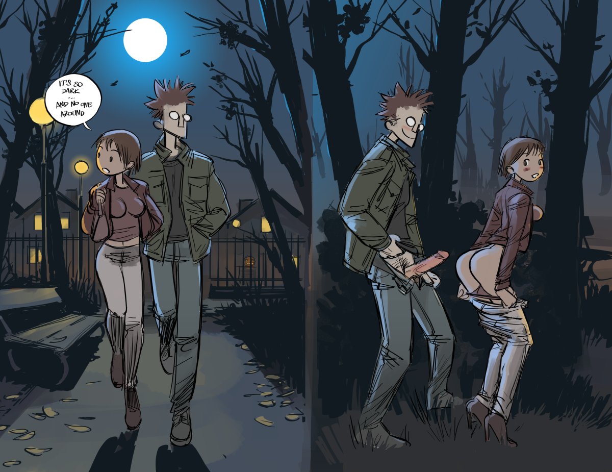 1boy, 1girls, au (artist), boli-blog, brown hair, comic, female, from behind position, high heels, imminent sex, male, outdoors, outdoors sex, panties down, park, penis, penis out, public, public sex, pulling down pants, standing sex, text bubble, tiptoes